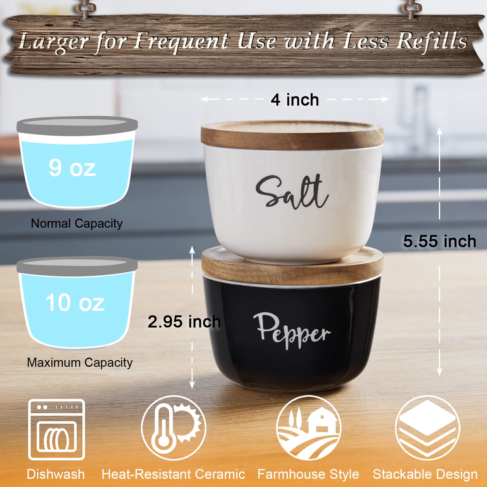 Premium 10 oz Ceramic Salt and Pepper Bowls with Acacia Wood Lid - Stackable Countertop Salt Cellar Set of 2, Black & White Kitchen Decor for Dining Table, Cooking, and Gift Giving