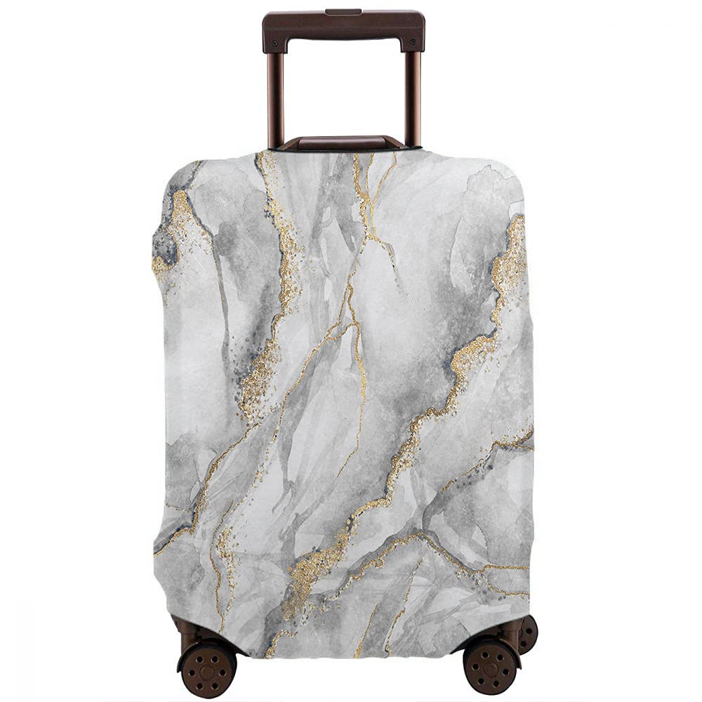 Wondertify White Marble Travel Suitcase Protector - Washable Elastic Luggage Cover for 18-21 Inch Bags with Concealed Zipper (Gold, Black, Gray) - Fashionable Marbling Granite Stone Design for Airplane & Train Travel Protection