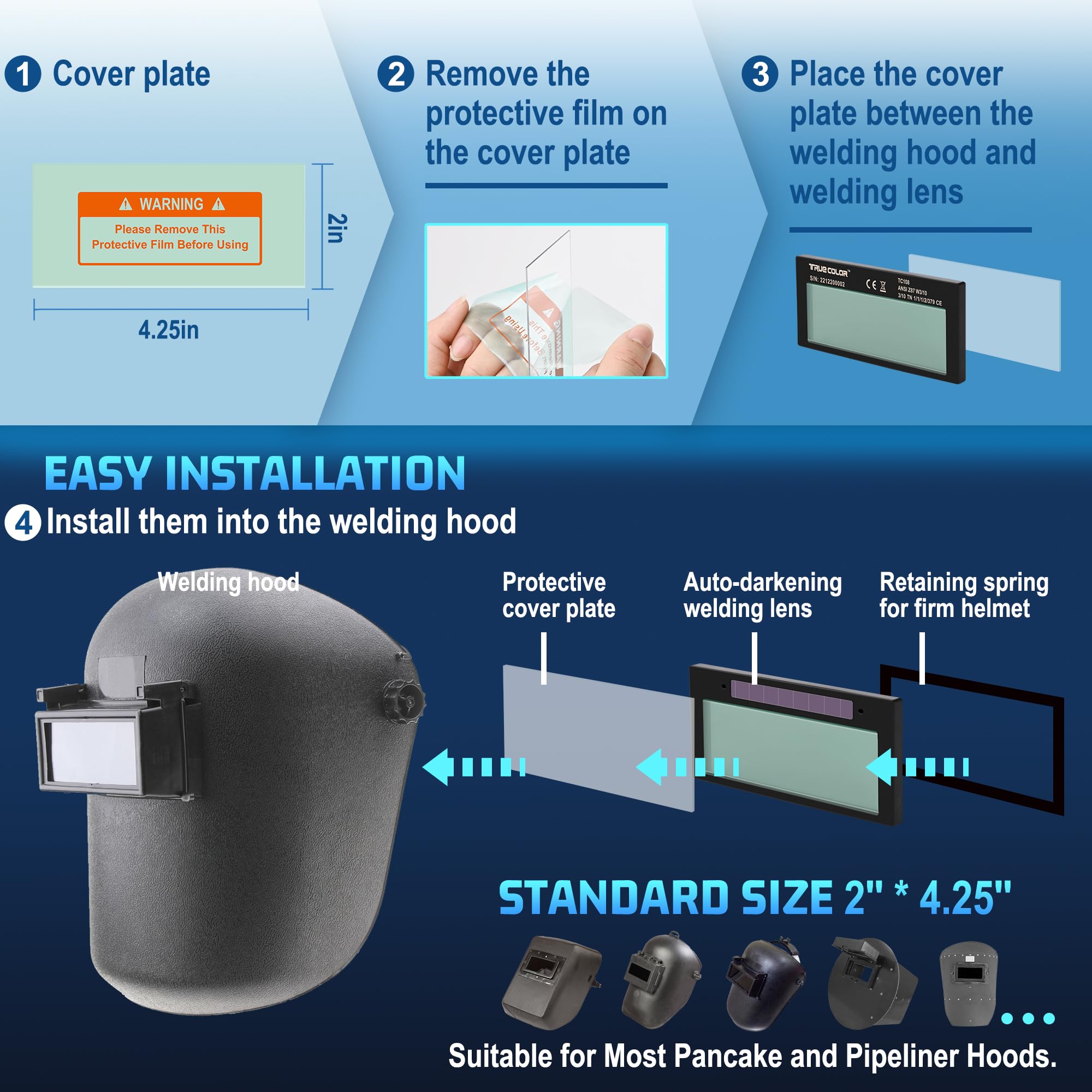 2x4.25'' Auto Darkening Welding Lens with Shade 10 - True Color Blue Technology for Clear View - Fits Most Pancake & Pipeliner Welding Helmets - Ideal for MIG, TIG, Arc Welding & Metal Fabrication