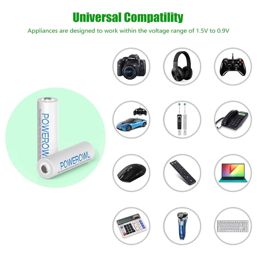POWEROWL AAA Rechargeable Batteries 8-Pack with Charger - 1000mAh High Capacity Ni-MH Low Self Discharge Batteries & Smart Charger for Toys, Cameras, Flashlights, and Electronics - Perfect for Home, Office, and Travel Use