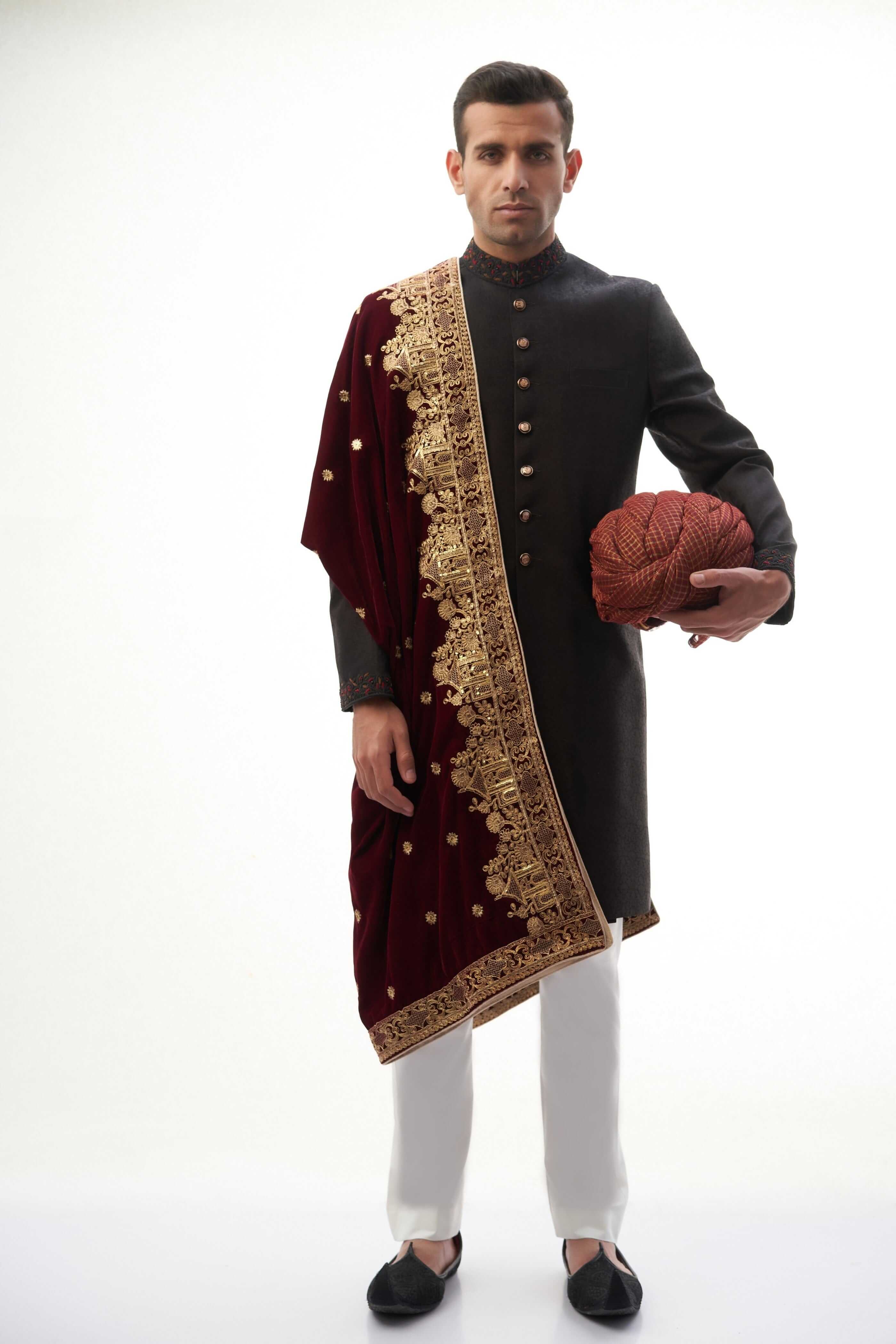 Elegant Jet Black Brocade Silk Sherwani for Men | Traditional Indian Wedding Attire | Perfect for Grooms, Festivals & Special Occasions