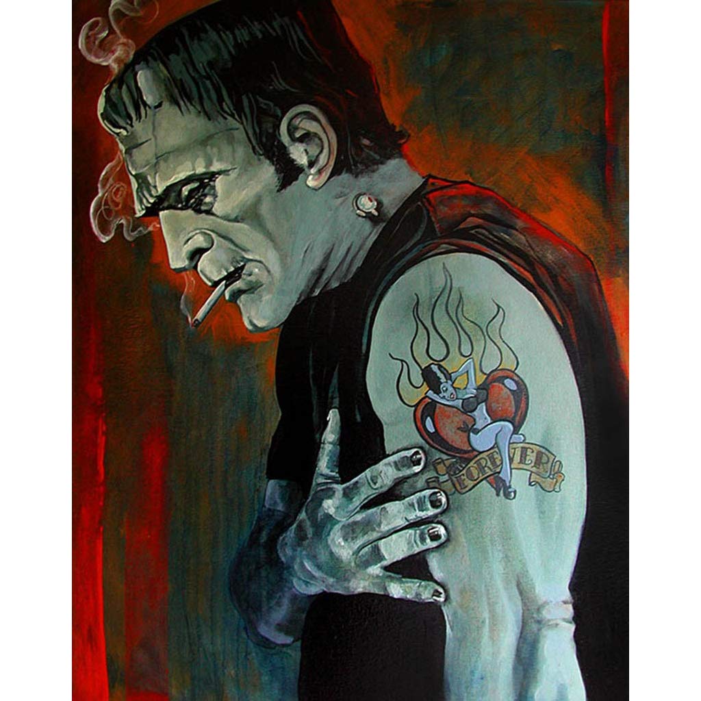Broken Hearted Frankenstein Monster Tattoo Art Print by Mike Bell - Gothic Wall Decor for Home, Office & Tattoo Studio