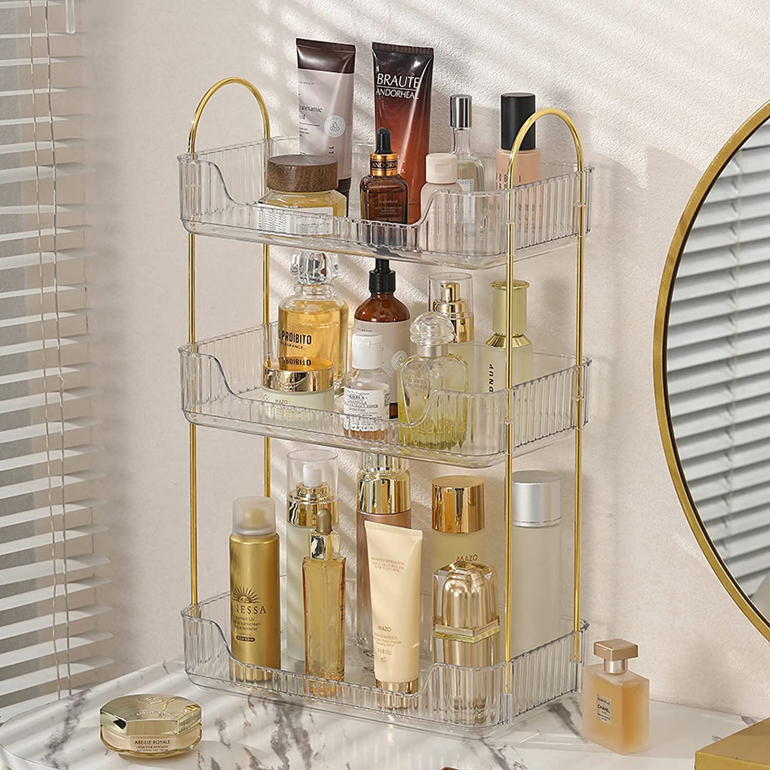 3-Tier Clear Bathroom Counter Organizer - Cosmetic & Skincare Shelf, Makeup & Perfume Vanity Tray, Kitchen Spice Rack - Space Saving Storage for Dresser, Countertop & Bathroom Organization