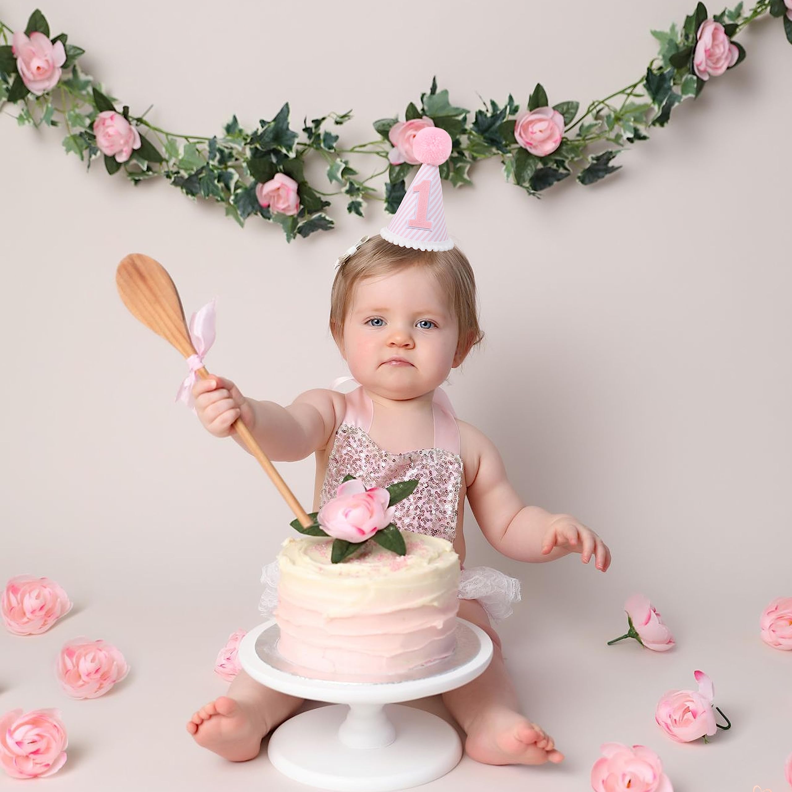 Pink & White First Birthday Party Hat for Girls - 1st Birthday Crown with Photo Props, Baby Shower Decorations, and Dress Up Accessories | Perfect for Birthday Parties, Photo Shoots, and Special Celebrations