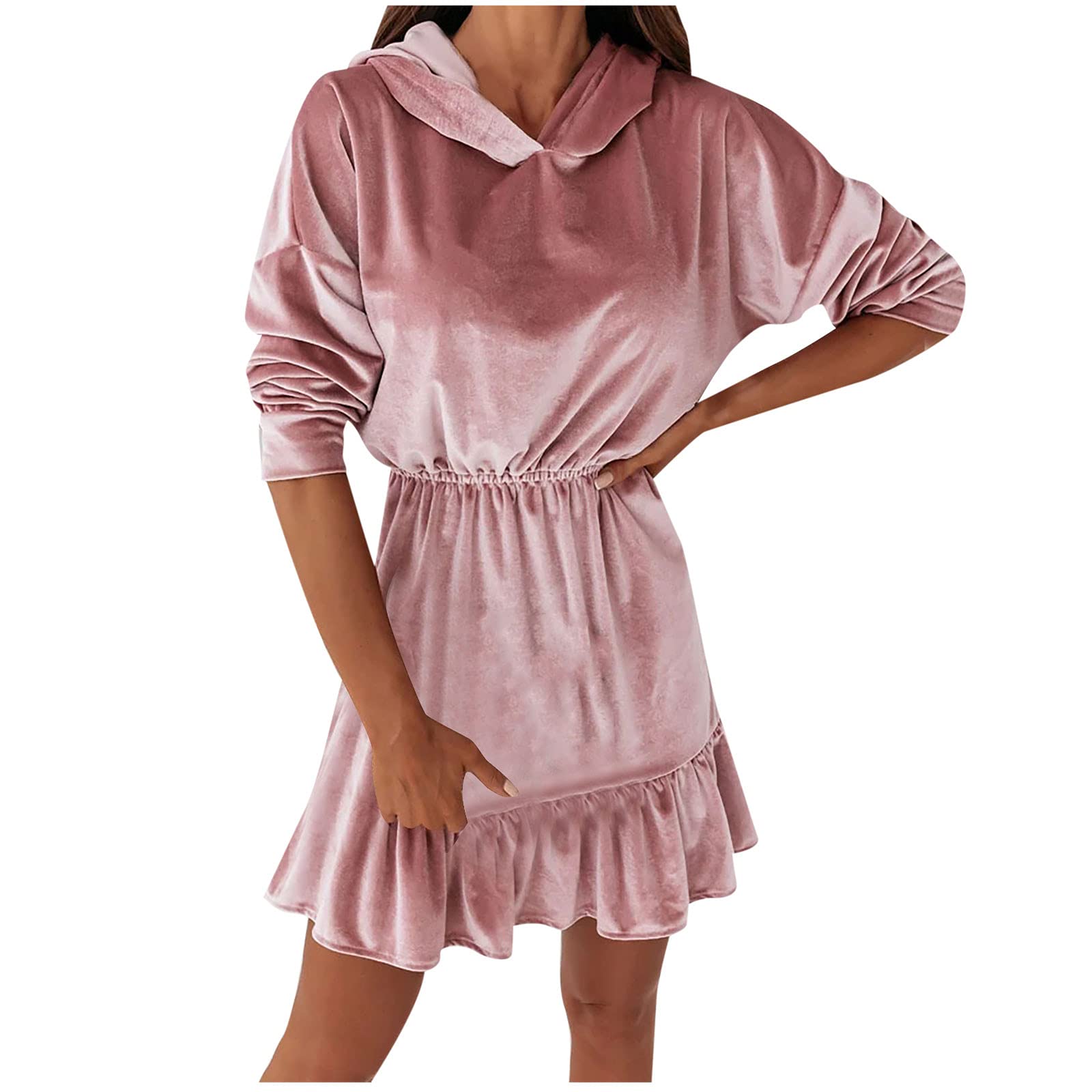 LCZIWO Women's Slim Fit Long Sleeve Hooded Dress - Stretchy Velvet Waist Short Dress for Casual Wear, Date Night & Fall Fashion