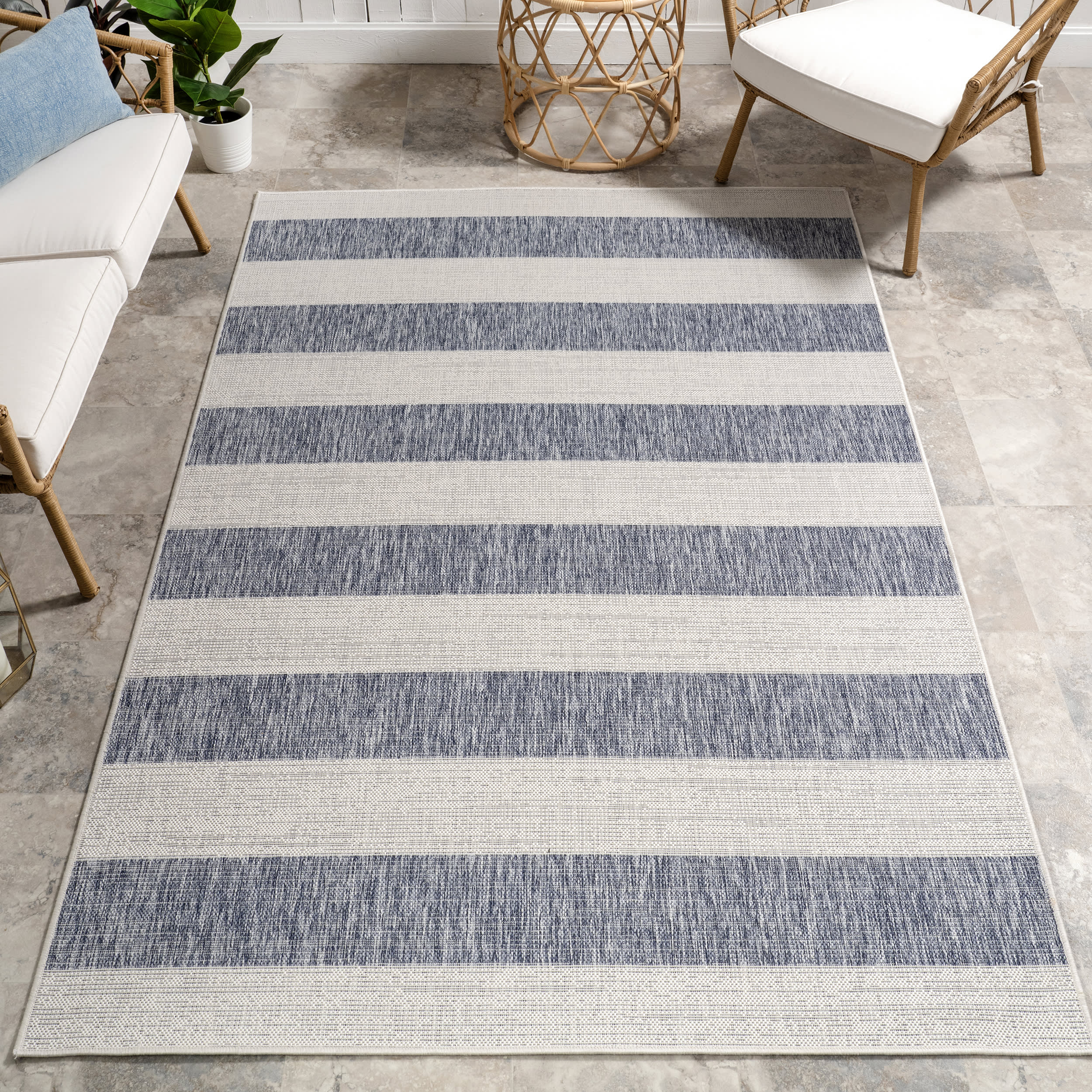 Ariah Blue Wide Stripes Indoor Outdoor Area Rug - Soft Non-Slip Floor Mat for Living Room, Bedroom, Patio & Deck Decor