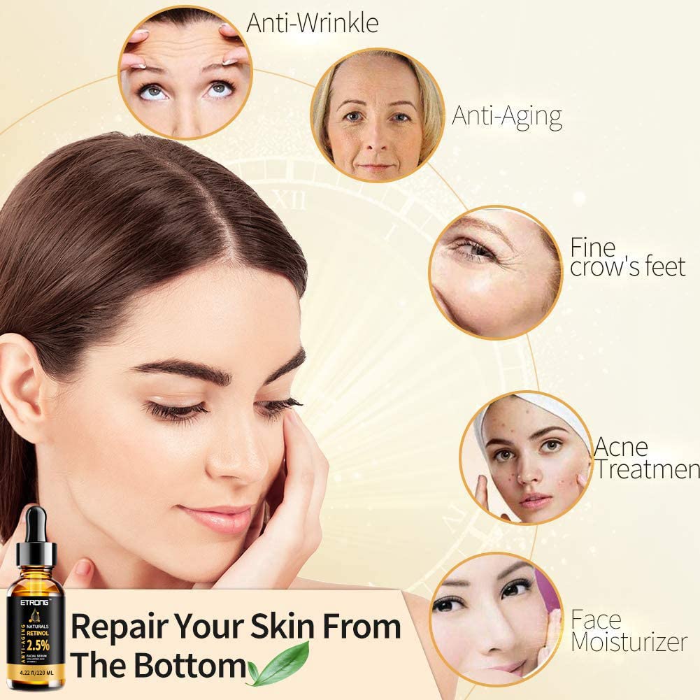 ETRONG 2.5% Retinol Serum for Face - Anti-Aging Treatment with Hyaluronic Acid & Vitamin E - Fights Wrinkles, Acne & Dark Spots (120ml) - Perfect for Nighttime Skincare Routine & Sensitive Skin Care
