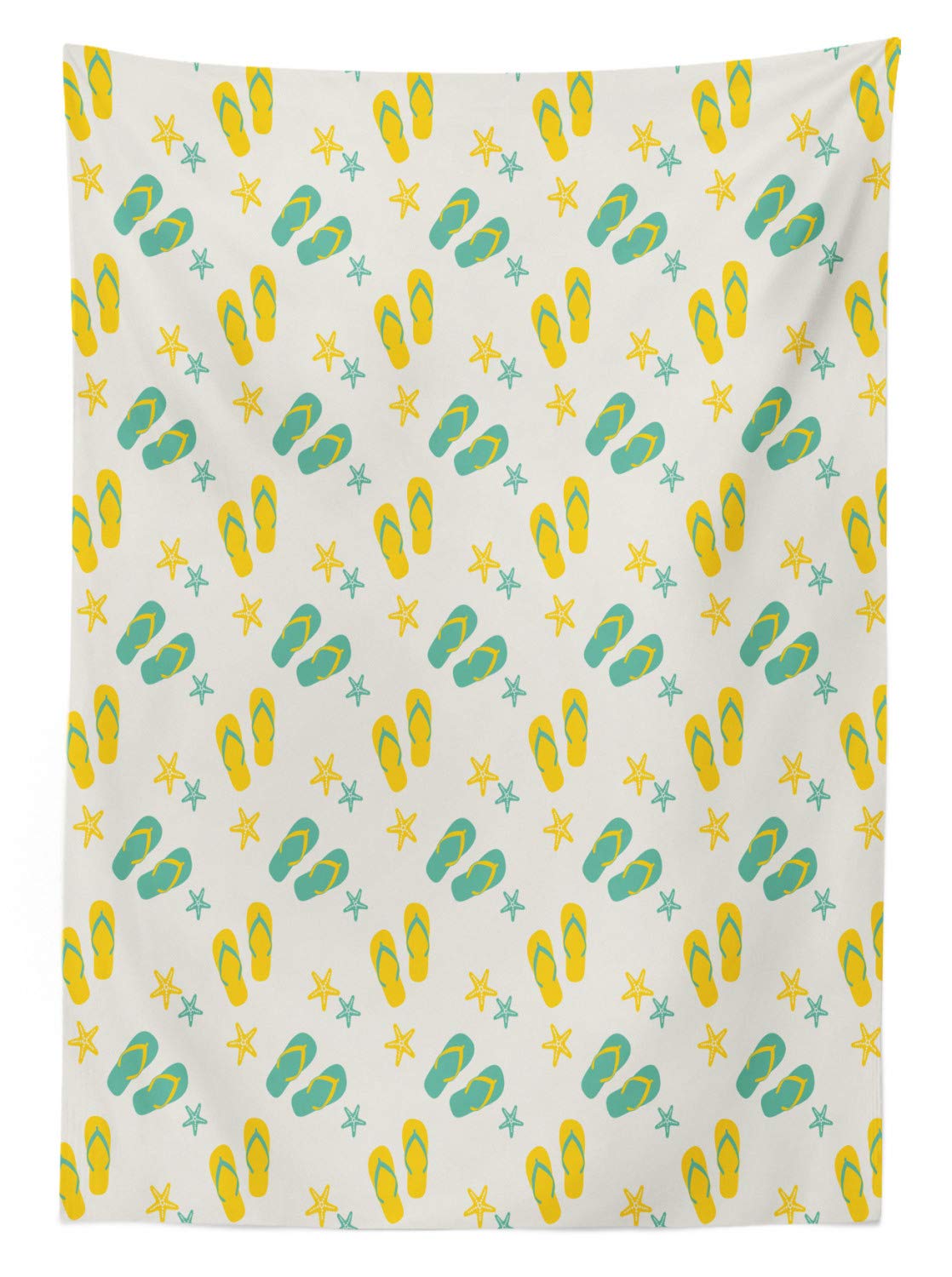Ambesonne Geometric Outdoor Tablecloth - Flip Flops & Starfish Beach Design, Waterproof Washable Picnic Table Cover 58x120 Inches, Seafoam Yellow & White - Perfect for Pool Parties, Beach Picnics, and Outdoor Dining