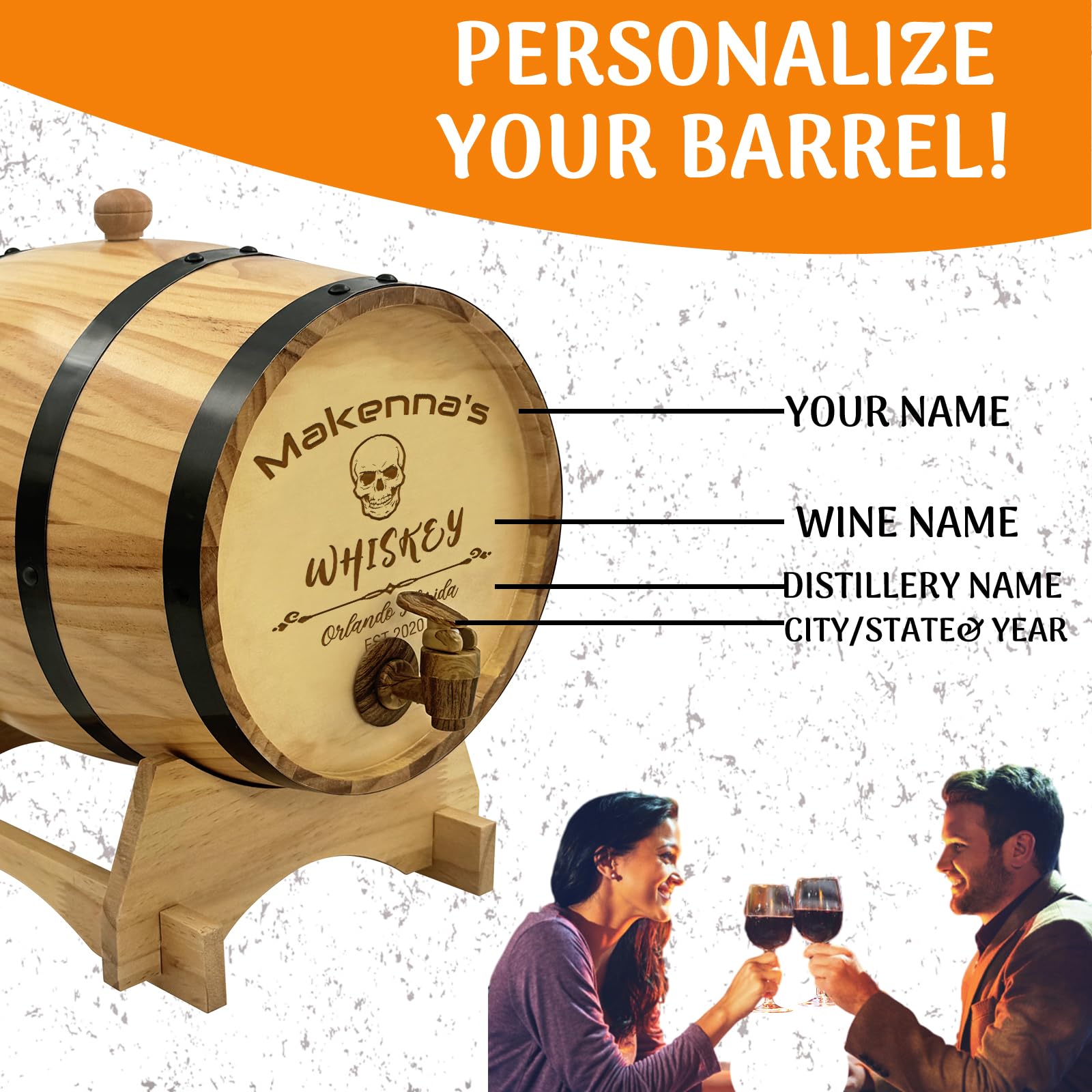 5L Personalized Whiskey Barrel - Custom Engraved Mini Oak Barrel for Aging Wine, Bourbon, Beer, Tequila & Rum - Wooden Dispenser with Stand - Perfect for Home Bars, Gifts & Craft Spirit Maturation