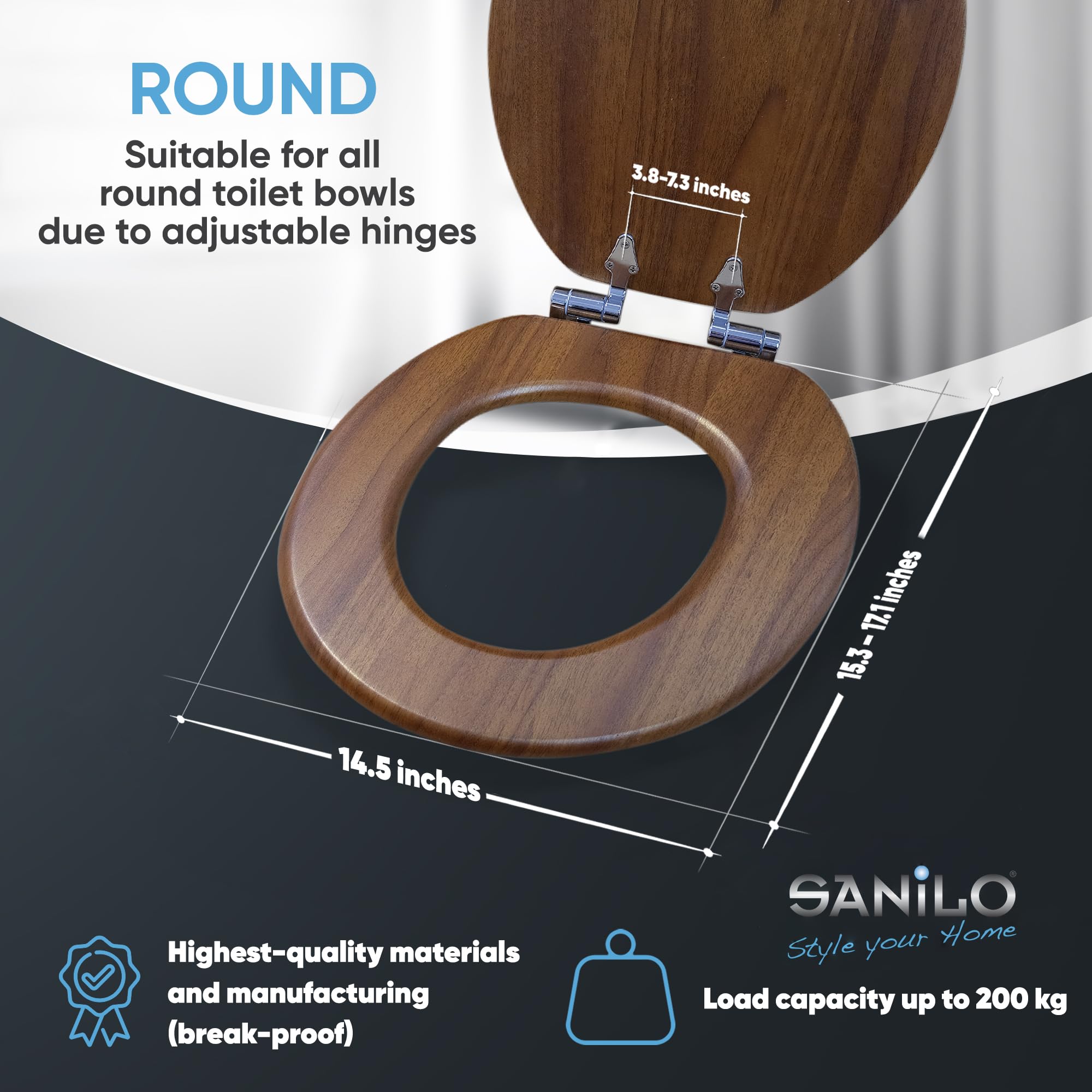 Sanilo Soft Close Toilet Seat ROUND - Quiet Slow Close Lid & Seat with Strong Bumpers & Hinges - Mahogany Wood Bathroom Toilet Seat - Perfect for Home, Hotel, and Office Use