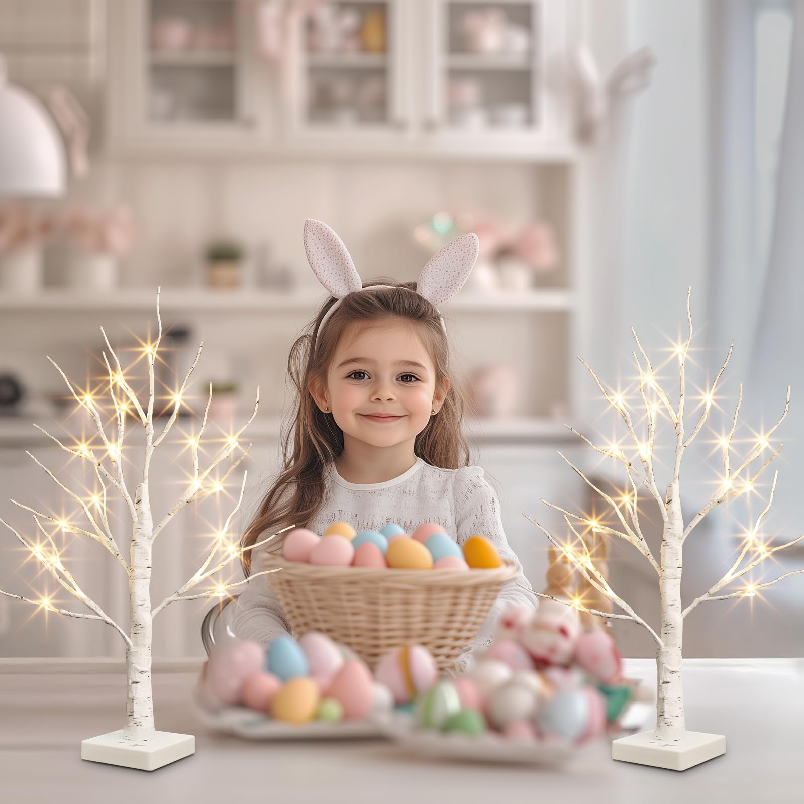 PEIDUO 2FT Birch Tree with LED Lights - Warm White Light Up Easter Tree Lamp for Home Decor, Battery Powered with Timer (2 Pack) - Perfect for Easter Table Centerpiece, Indoor Holiday Decorations & Cozy Ambiance