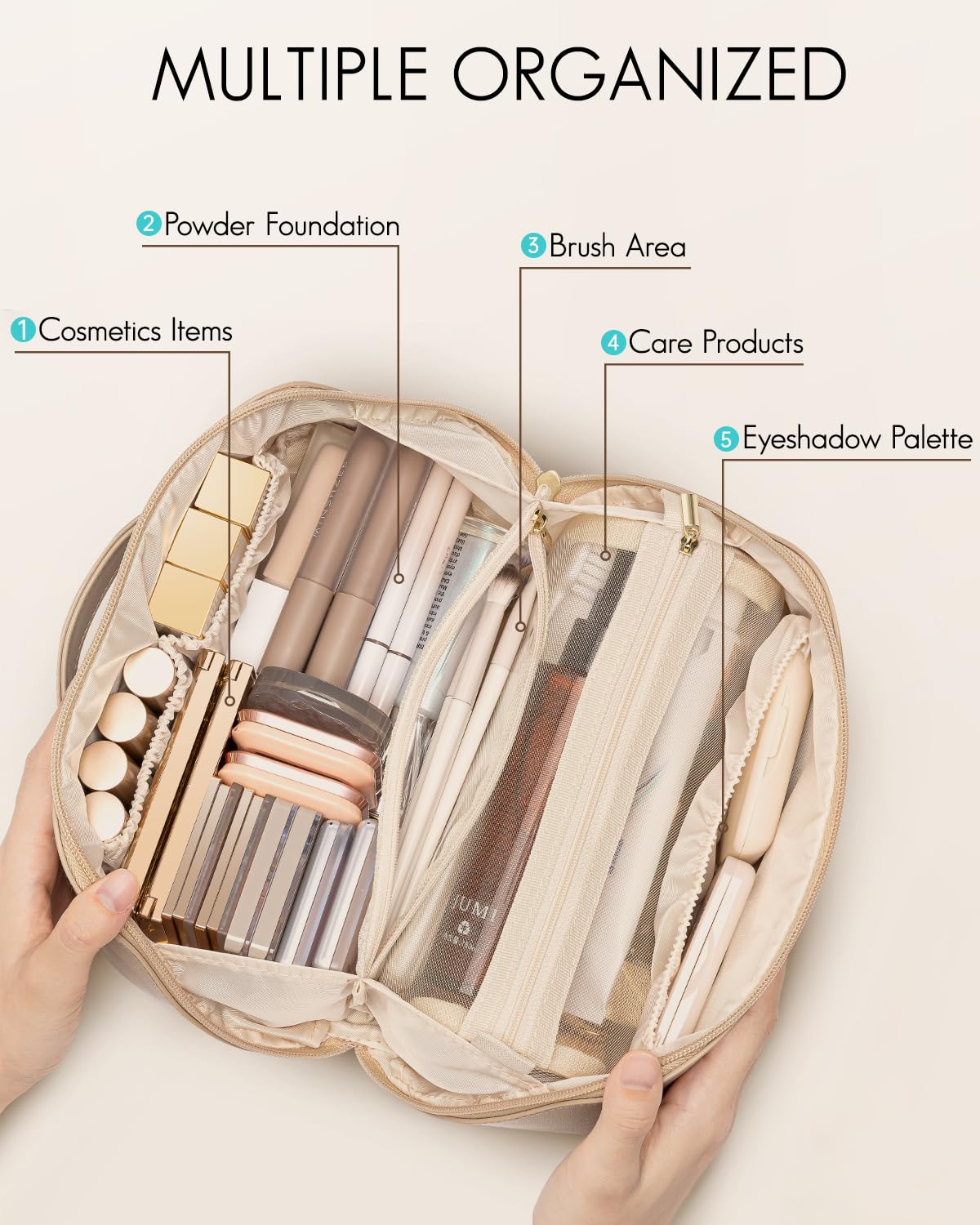 Vlando Waterproof PU Leather Makeup Organizer Bag - Travel Cosmetic Case for Women, Portable Flat Open Makeup Pouch for Essentials | Perfect for Travel, Daily Use & Valentines Day Gifts for Women/Mom (Toffee)
