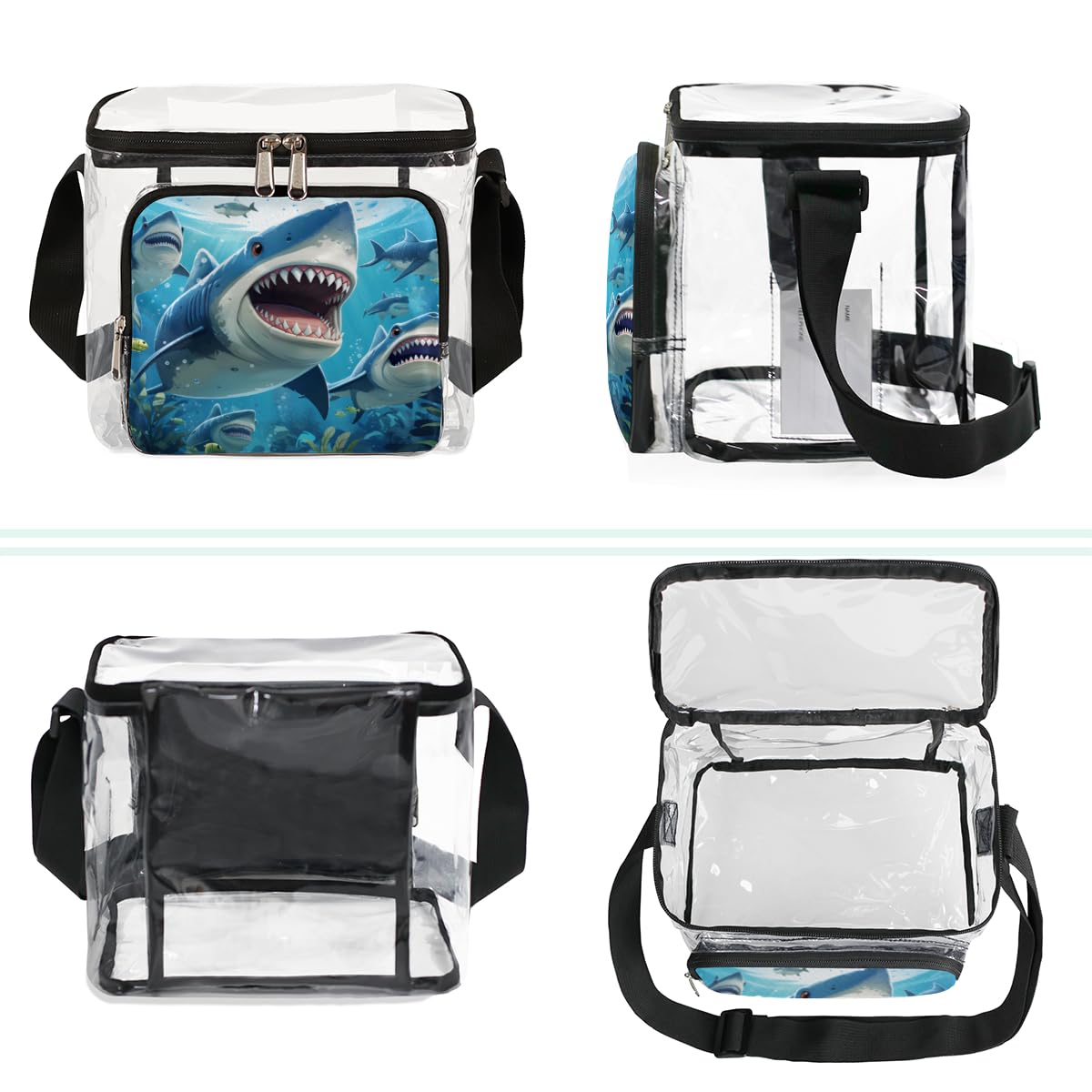 GzLeyigou Clear Shark Tote Bag with Handles - Transparent Crossbody Shoulder Bag for Lunch, Beach, Travel, Picnic, Concerts & Sports Events - Stadium Approved Shark Themed Purse for Women & Teens - Perfect for Outdoor Activities, Theme Parties & Water Park Adventures
