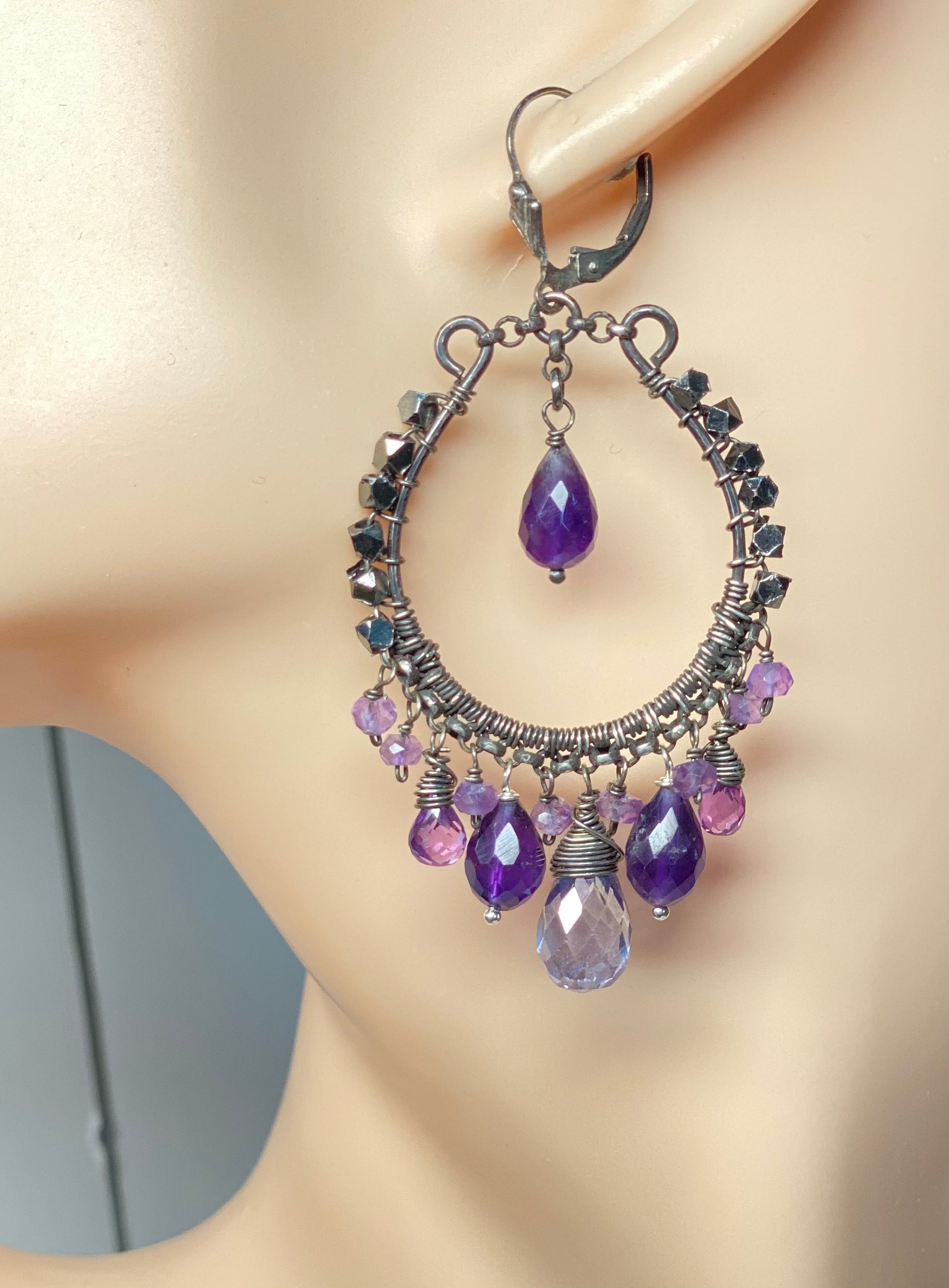 Boho Hoop Earrings for Women - Oxidized Sterling Silver with Blue Violet Gemstones | Handmade Dangle Earrings for Casual Wear, Parties & Boho Fashion