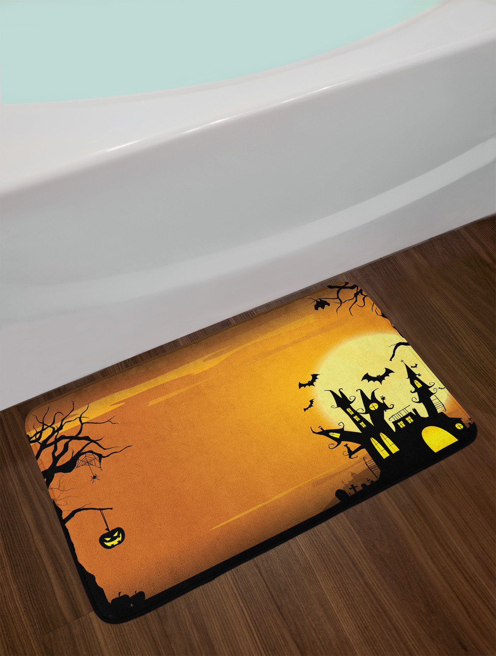 Ambesonne Halloween Bath Mat - Gothic Haunted House Design with Bats & Pumpkins, Non-Slip Plush Bathroom Rug, 30.2 x 20 Inches, Orange & Black - Perfect for Spooky Bathroom Decor, Halloween Party Setup & Gothic Home Accessories