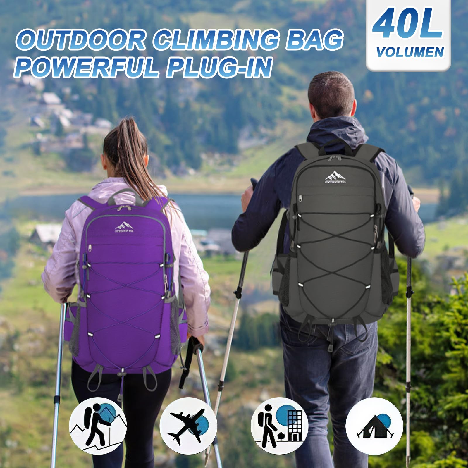 40L Lightweight Hiking Backpack - Waterproof Travel Daypack for Camping & Outdoor Adventures