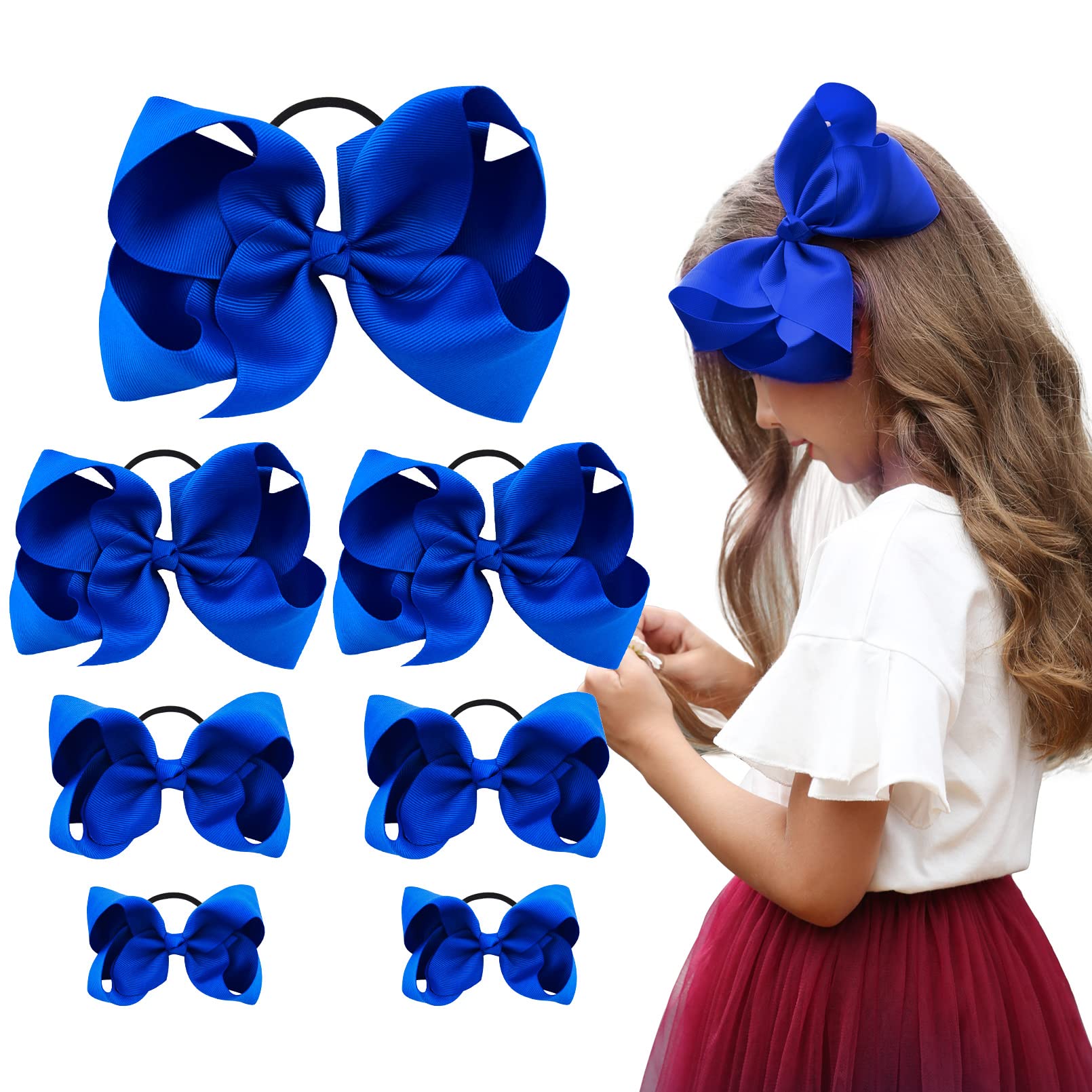 7PCS Blue Hair Bows for Girls - Toddler Elastic Hair Ties, Grosgrain Ribbon Ponytail Holders, Kids Hair Accessories (8