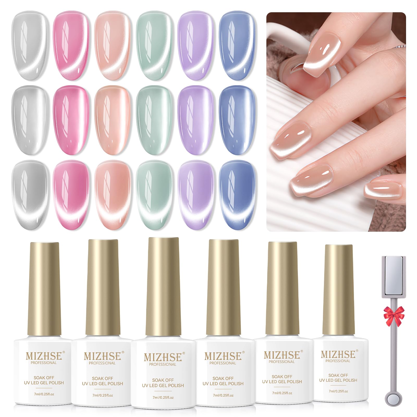 MIZHSE Cat Eye Gel Nail Polish Set - 6 Colors (Moonlight, Crystal Silver, Champagne, Pink, Green, Blue, Purple) with Magnet Stick | Magnetic French Manicure Kit | Gift for Nail Art Lovers | Perfect for Parties, Weddings & Special Occasions