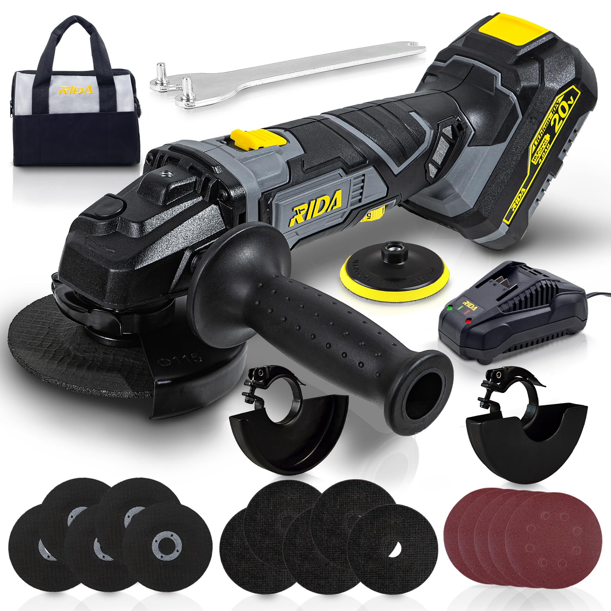 20V Cordless Angle Grinder Kit with 4.0Ah Battery & Fast Charger - 4-1/2 Inch Electric Grinder for Cutting and Grinding Metal, Stone, Concrete | Adjustable Handle, 22Pcs Accessories Included | Perfect for DIY Projects, Metal Fabrication, Construction Work and Home Renovations