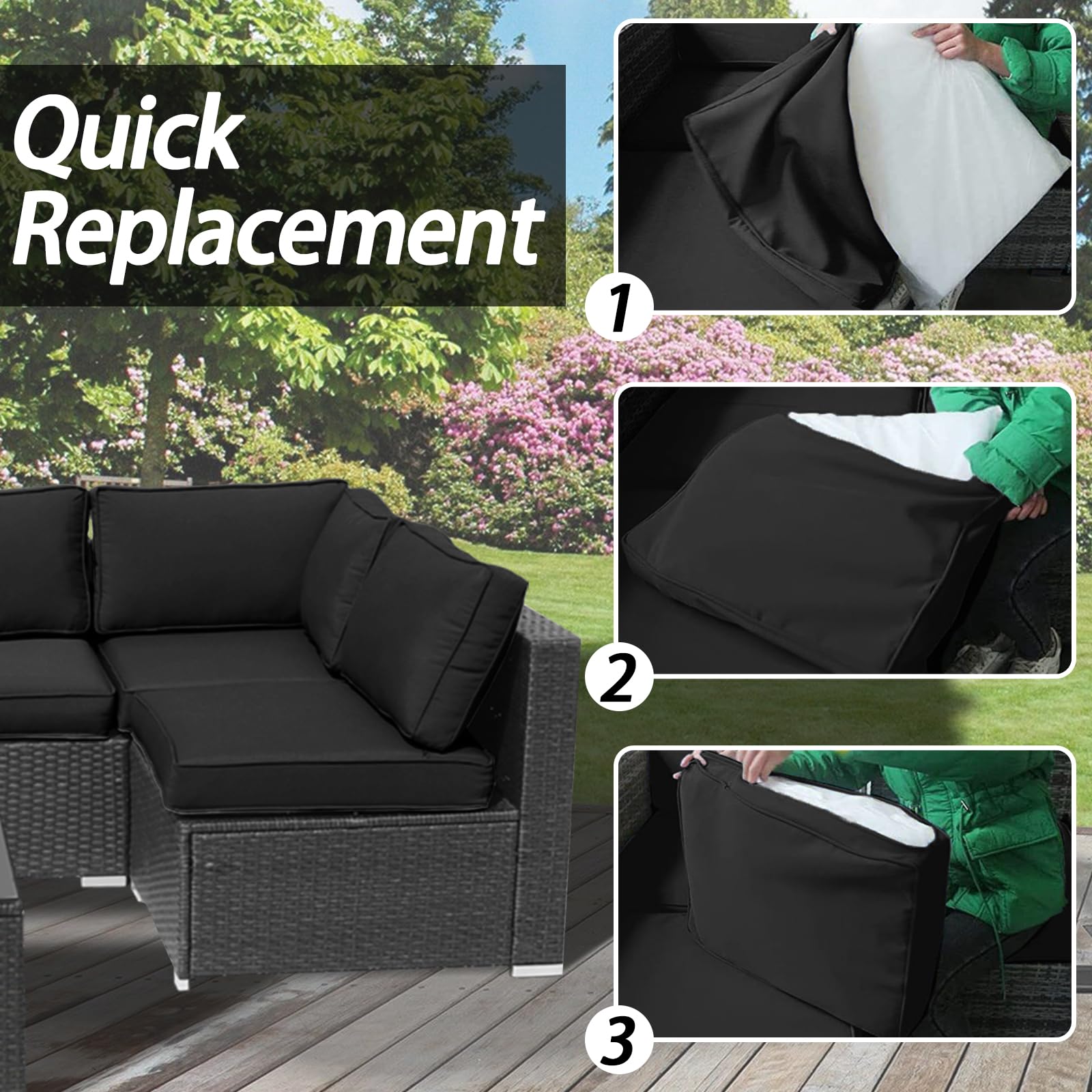 Waterproof Outdoor Patio Cushion Covers Set of 14 - Heavy Duty Replacement Covers for Patio Furniture with Zipper Closure, Fade Resistant Dark Gray - Perfect for Deck, Poolside, and Garden Furniture Protection