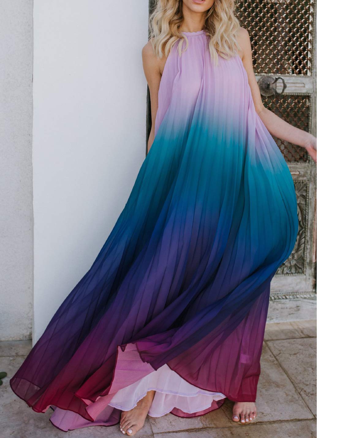 Women's Beach Cover Up Dresses - Flowy Halter Maxi Dress with Gradient Backless Design for Summer Vacation, Pool Party, and Tropical Getaway