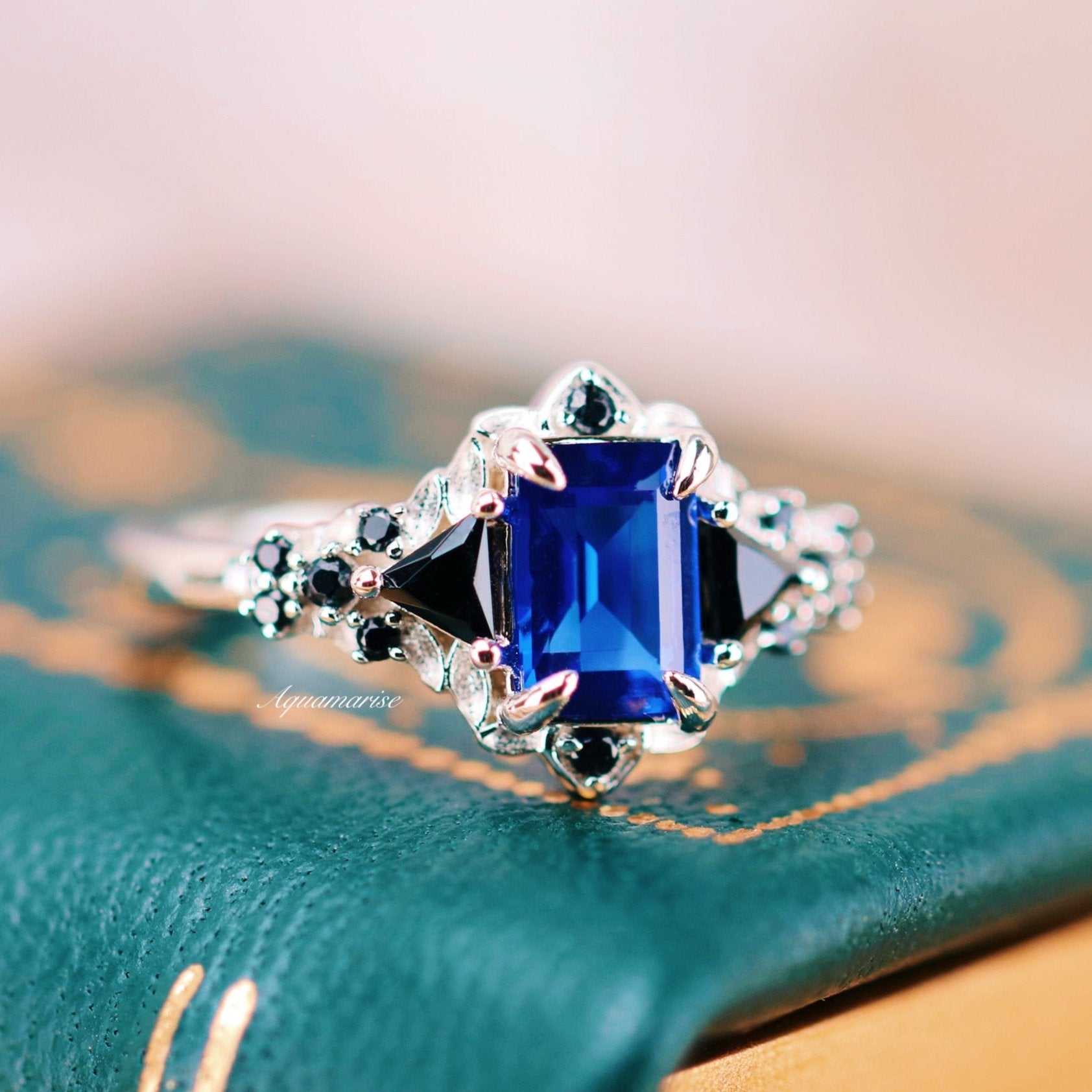 Blue Sapphire & Black Onyx Leaf Engagement Ring - 925 Sterling Silver Wedding Band for Women, Nature-Inspired Jewelry Gift for Her, Perfect for Proposals, Anniversaries & Special Occasions