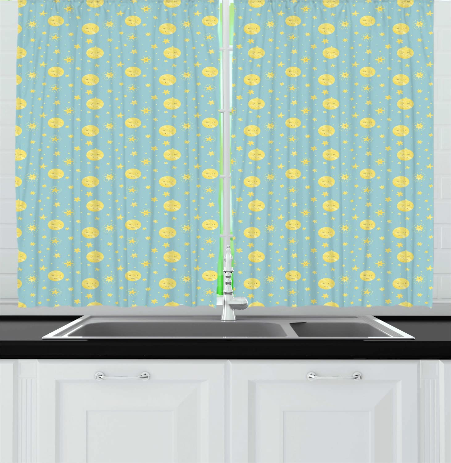 Ambesonne Night Long Kitchen Curtains - Nursery Theme Cartoon Moon & Stars Sleep Time Design, 2 Panel Rod Pocket Drapes for Bedroom & Living Room Decor, 55