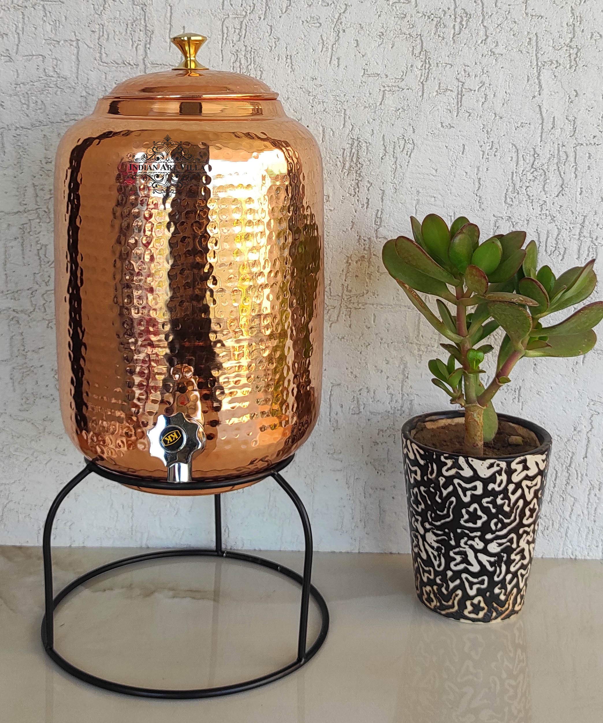 Indian Art Villa Hammered Design Copper Water Pot with Stand - 135 Oz Capacity for Storage & Kitchenware - Perfect for Home, Office, and Ayurvedic Water Purification
