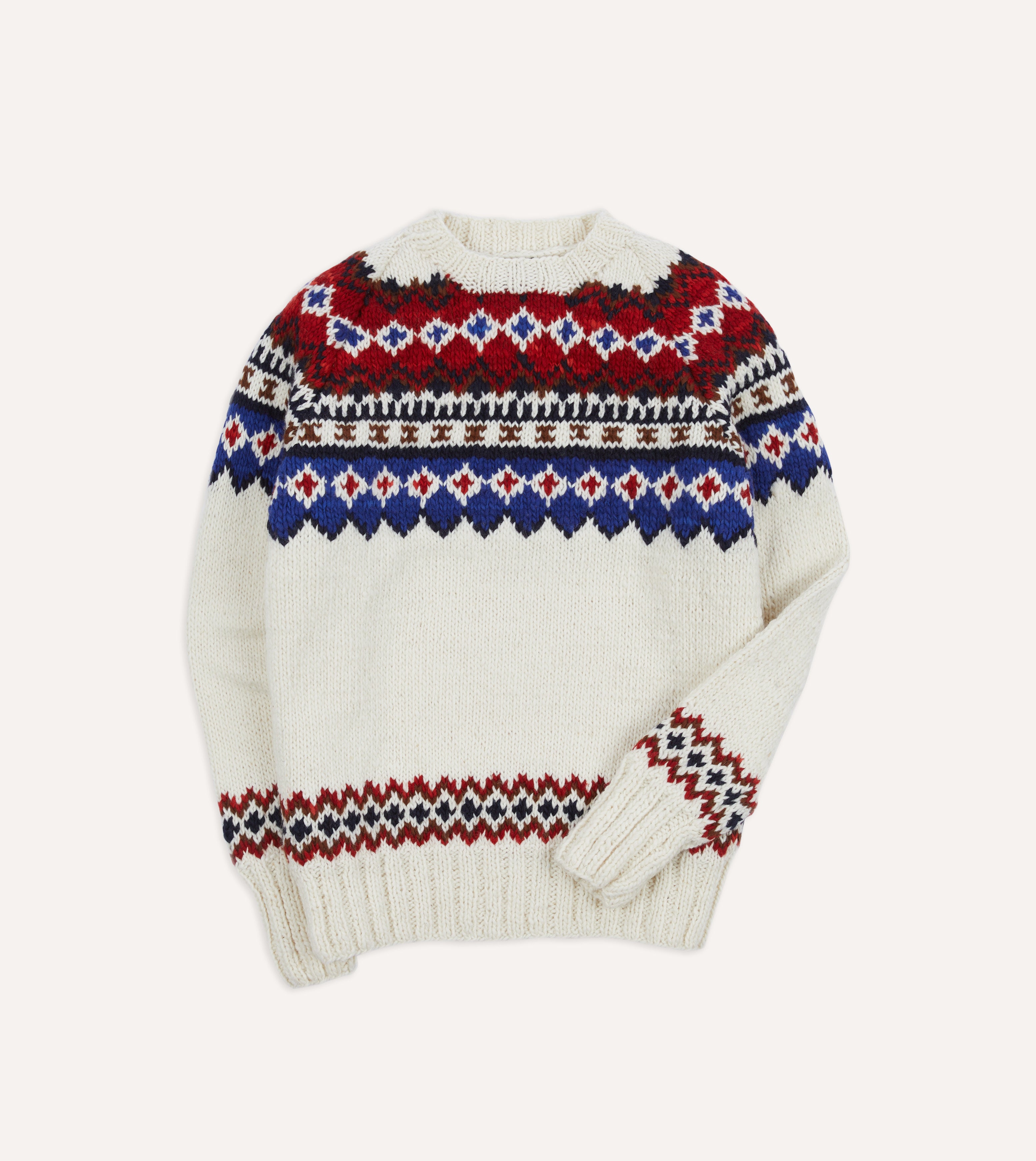 Drake's Ecru and Red Fairisle Merino Wool Jumper - Warm Winter Knit Sweater for Men - Perfect for Christmas Gifts & Cozy Holiday Outfits