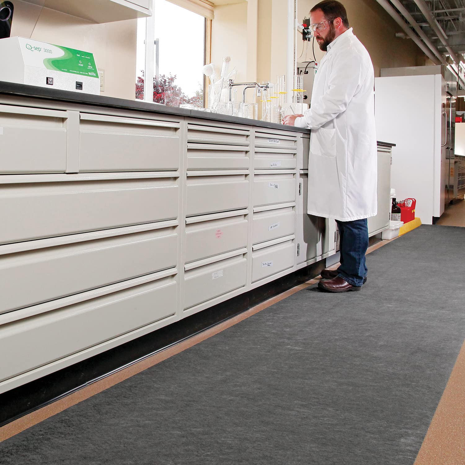 GRP48200-GY Industrial Non-Slip Floor Mat Runner - 4' x 100' Gray Adhesive Backed Entrance Mat for Warehouses, Factories & High-Traffic Areas | Durable Safety Matting for Wet/Slippery Floors
