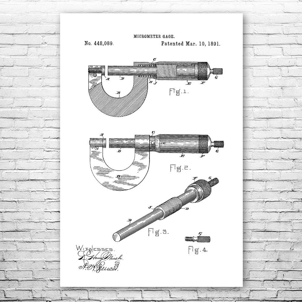 Precision Micrometer Gauge Poster Print - Engineering & Science Teacher Gift - Screw Gauge Blueprint Art - Technician Appreciation Present - Black & White Wall Decor (20