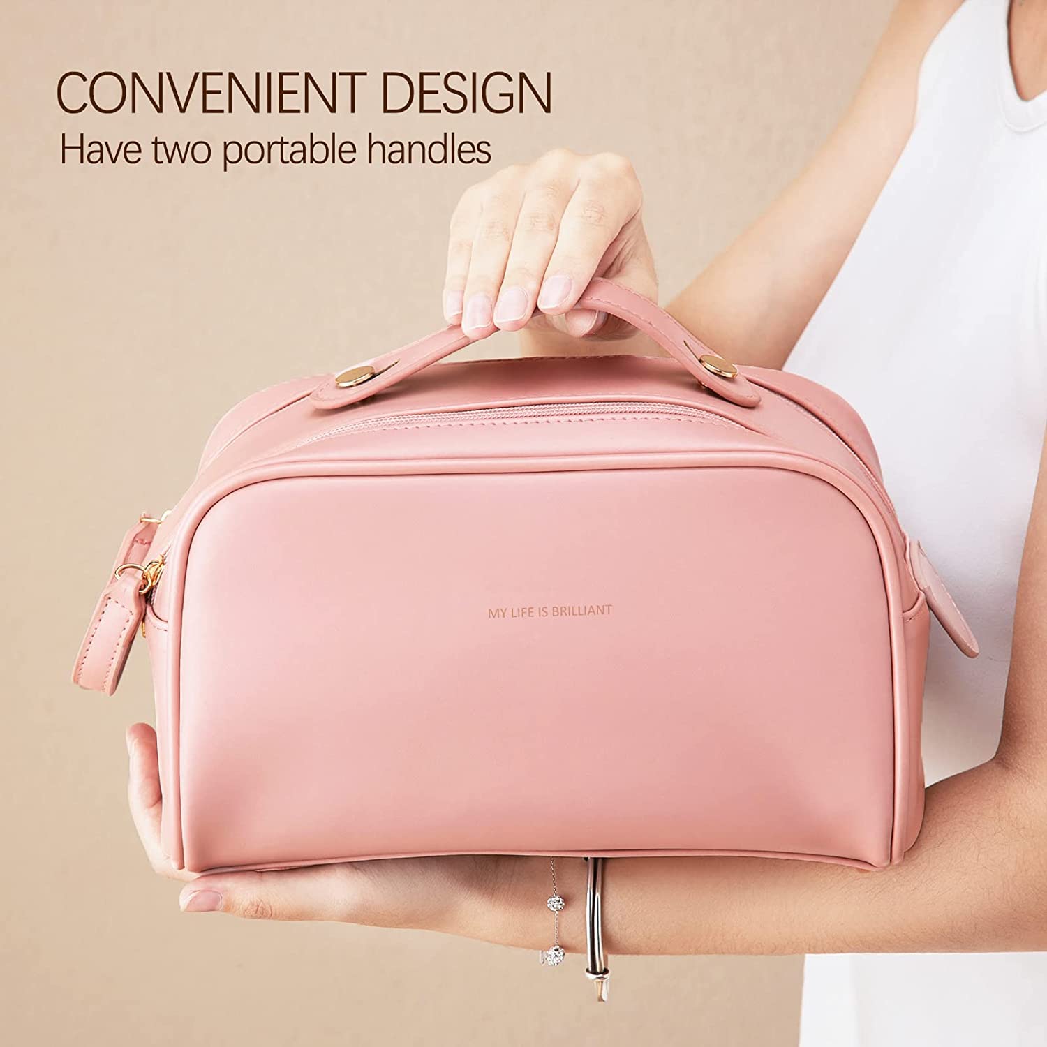 Deoxys Large Capacity Waterproof Leather Makeup Bag with Handle - Travel Cosmetic Organizer for Women & Girls - Perfect for Airplane Carry-on, Gym Essentials & Weekend Getaways