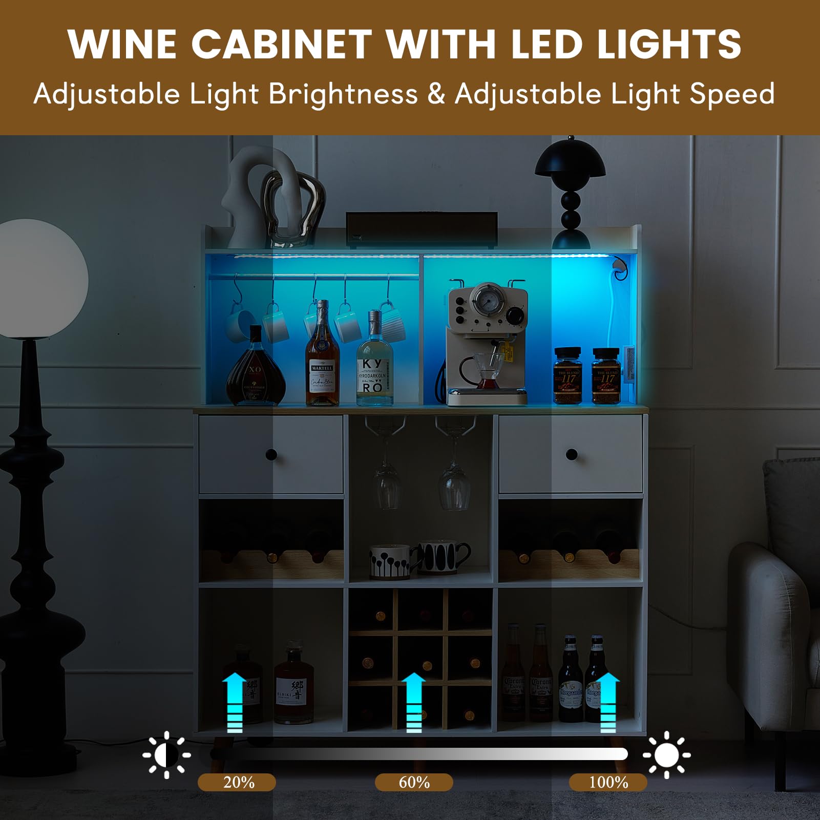 Wine Bar Cabinet with Power Outlet & LED Lights - Modern Bar Storage Cabinet with Drawers, Adjustable Shelves - Perfect for Liquor, Wine Glasses & Coffee Bar Organization - Ideal for Dining Room, Living Room or Home Bar Setup