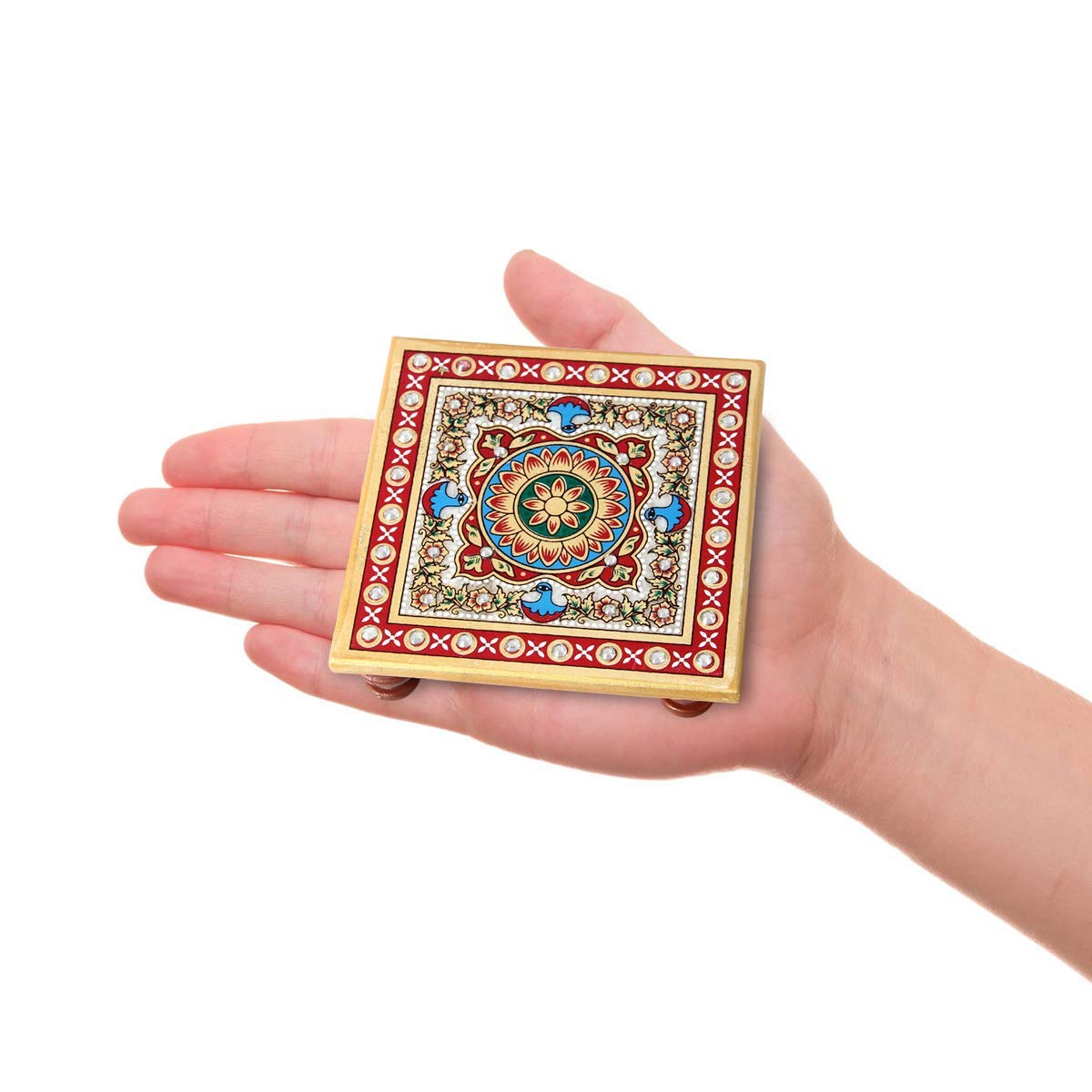 Handcrafted Marble Chowki Set of 4 Pieces with Intricate Floral Design - Perfect for Indian Weddings, Pooja Ceremonies & Home Decor