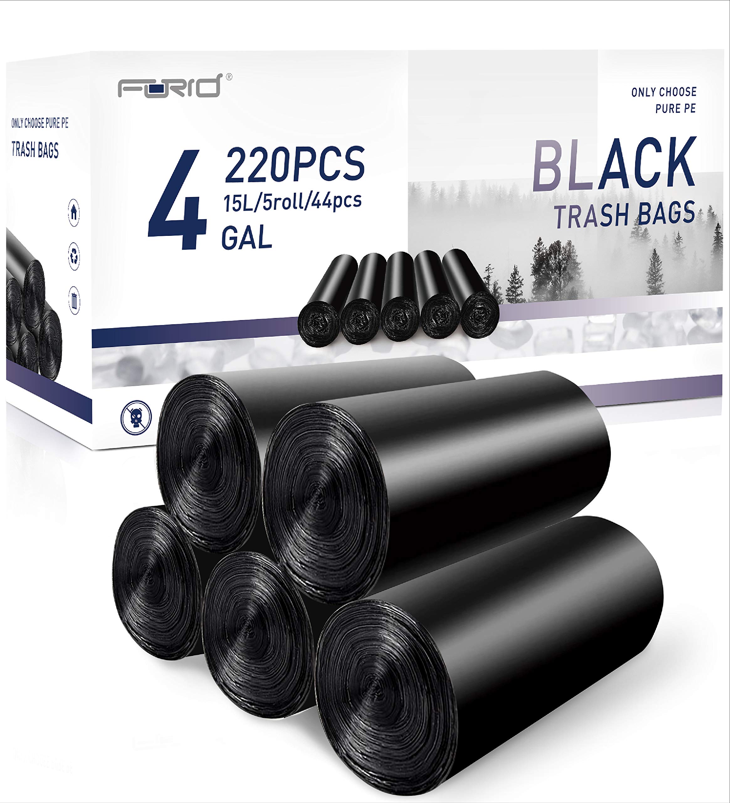 FORID Small Black Trash Bags - 4 Gallon (15 Liter) 220 Count Heavy Duty Garbage Bags, Strong Plastic Trash Can Liners for Kitchen, Bathroom, Office, Waste Basket | Perfect for Small Spaces, Diaper Pails, and Bedroom Trash Cans