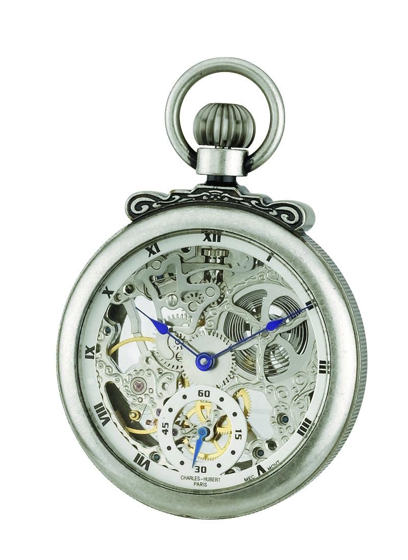 Charles-Hubert Paris 3869-S Classic Collection Antiqued Finish Open Face Mechanical Pocket Watch - Vintage Style Gift for Men, Collectors & Steampunk Enthusiasts