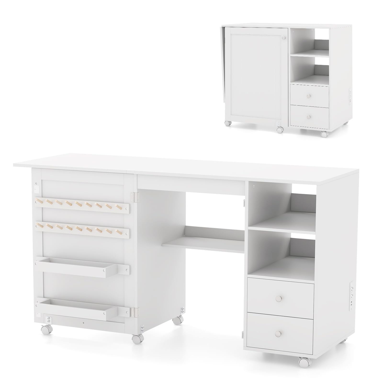 Giantex Folding Sewing Table with Charging Station & Storage - Rolling Craft Table with 18 Pegs, 2 Trays, Shelves & Drawers - Foldable Sewing Machine Cabinet with 6 Lockable Wheels, White - Perfect for Quilting, Sewing Projects & Craft Rooms