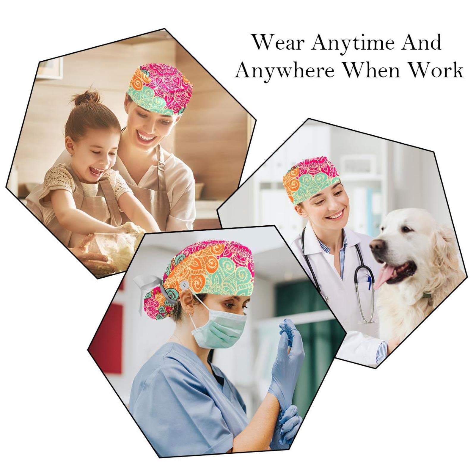 Bohemian Floral Geometric Print Scrub Hats for Women & Men - 2 Pack Long Hair Surgical Caps with Button Closure & Sweatband - Unisex Tie Back Nurse Doctor Chef Work Hat for Hospital, Kitchen & Salon