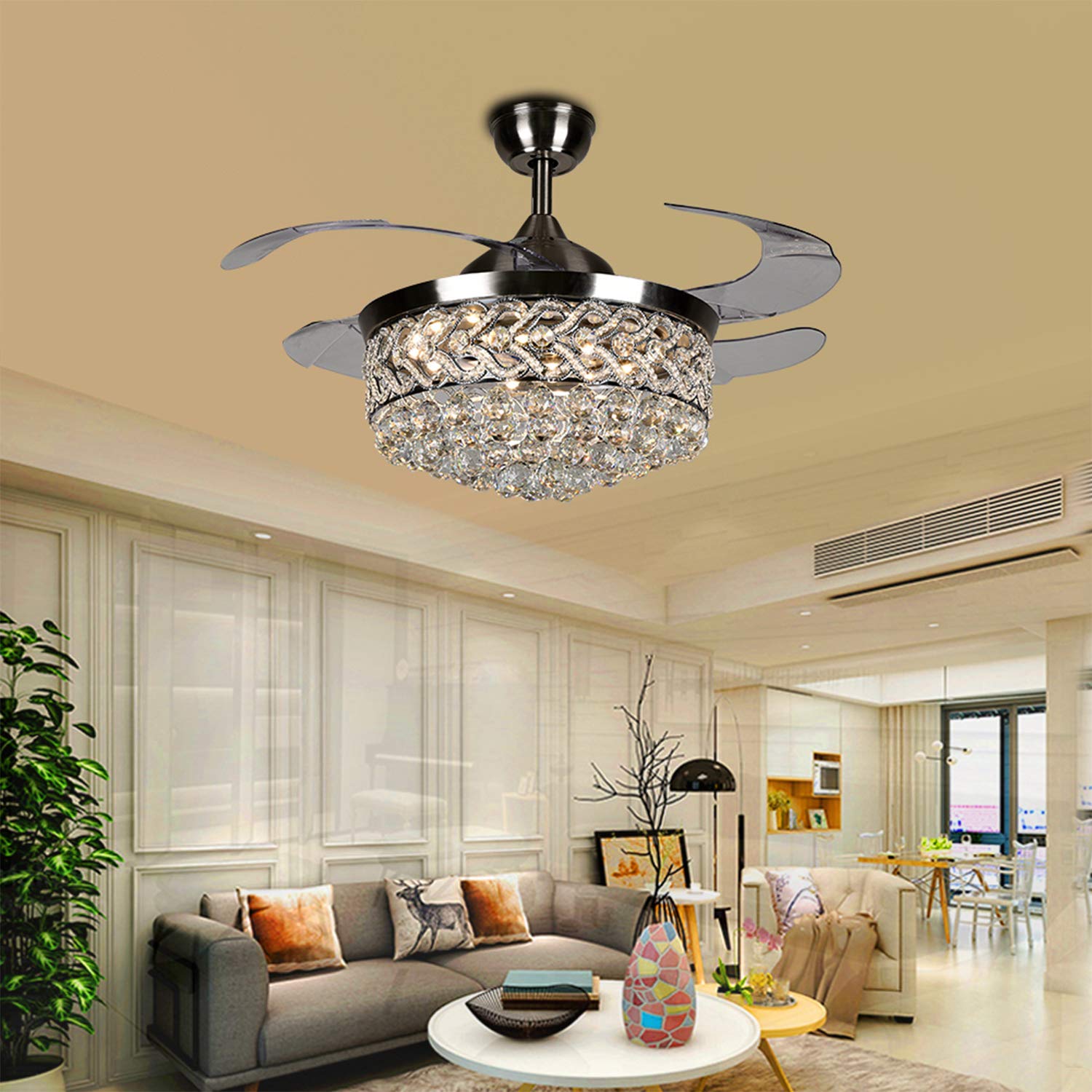 42 Inch Modern Silver LED Ceiling Fan Chandelier with Crystal, Remote Control & Dimmable Lights - Silent Retractable Invisible Fan for Dining Room, Living Room & Bedroom