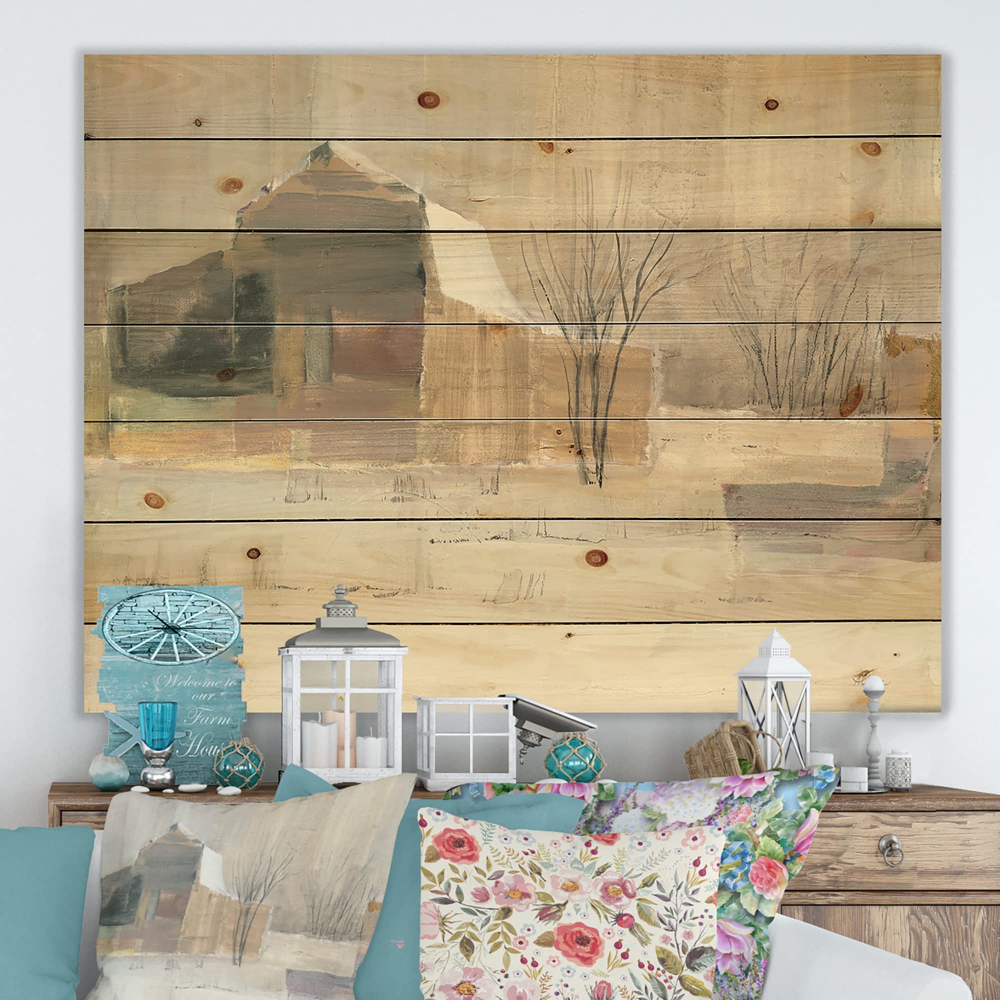 Farmhouse Wood Wall Decor - Winter On The Farm Landscape Art Print on Natural Pine Wood, Large Grey Wood Wall Panels for Living Room, Bedroom & Office Decor
