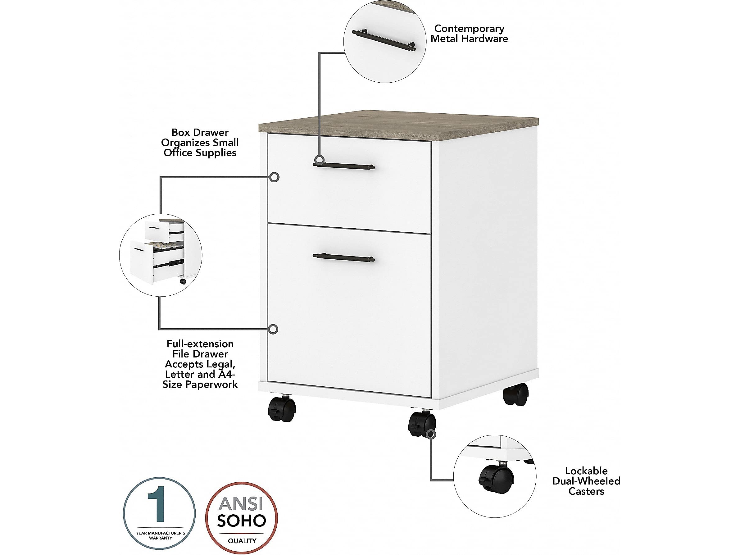 Bush Furniture Key West 60W L-Shaped Desk with 2 Drawers & Mobile File Cabinet - Pure White & Shiplap Gray | Home Office Workstation for Small Spaces & Gaming Setup