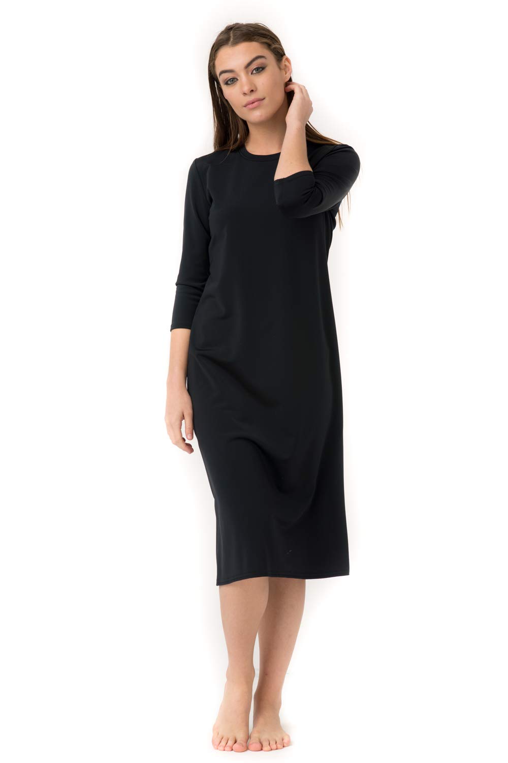 Women's 3/4 Sleeve Black Swim Dress with UPF 50+ Sun Protection - Plus Size Swim Cover Up for Beach, Pool & Vacation Wear
