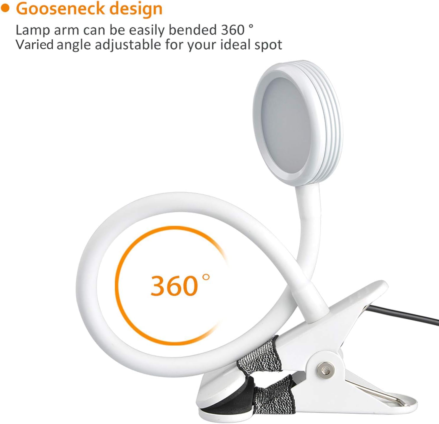 LEPOWER Clip On Reading Light - Adjustable Color Changing LED Desk Lamp for Books, Computers & Bed Headboards, Includes Adapter (White) | Perfect for Night Reading, Home Office & Dorm Room Study