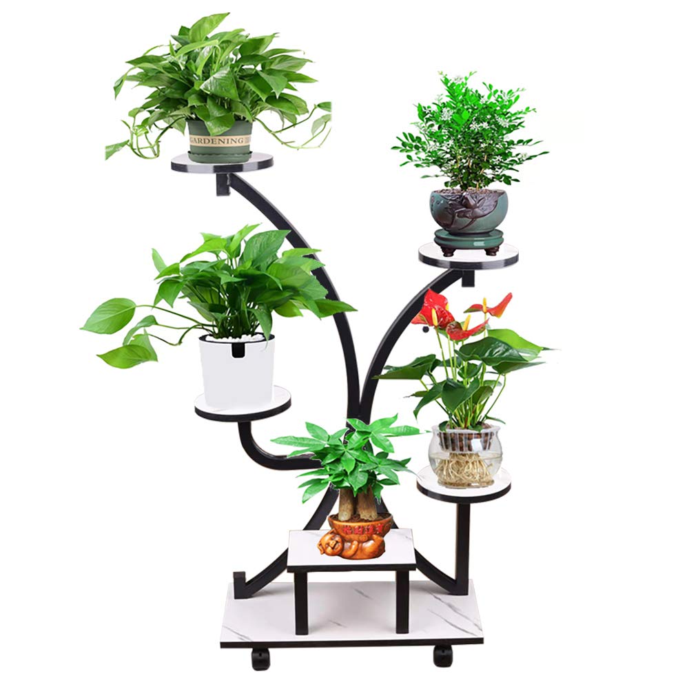 Metal Flower Pot Stand with Wheels - 5 Tier Multi-Layer Plant Display Rack for Indoor/Outdoor Use - Garden, Balcony, Living Room, Office Decor - Black (20.5