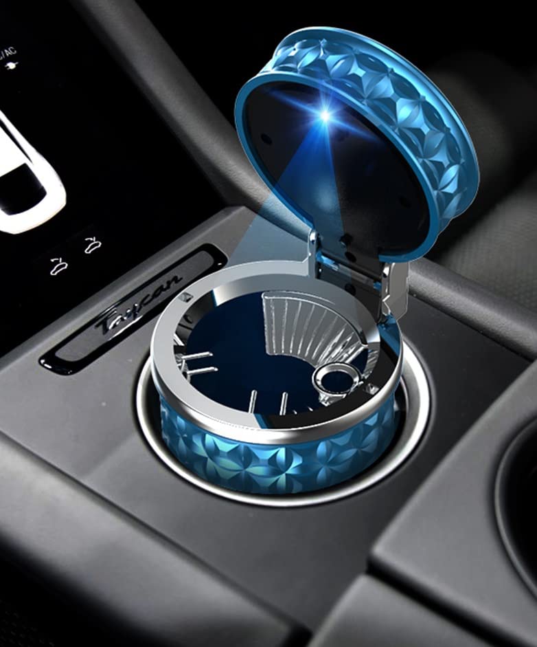 Portable Car Ashtray with Lid - Mini LED Light Car Trash Can for Cigarettes, Home & Office Use - Leakproof & Odor Control - Perfect for Road Trips, Commuting & Smoking Areas (Dark Blue)