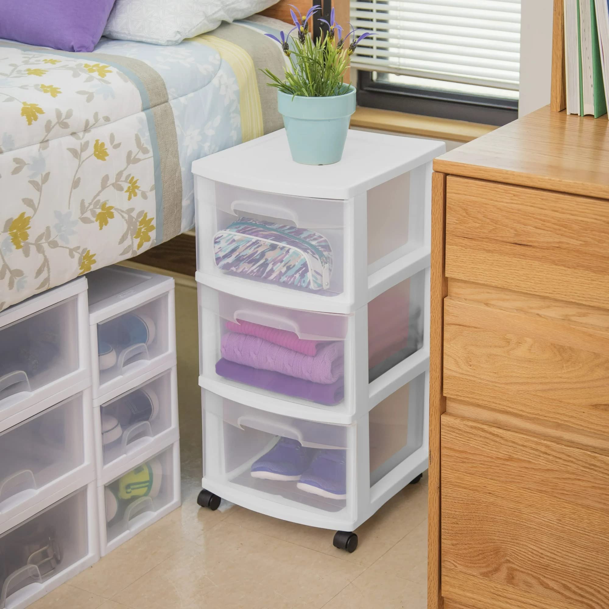 3-Drawer Plastic Storage Cart with Wheels - Medium Home Organization Container, White Frame & Clear Drawers - Perfect for Bedroom, Bathroom, Office or Dorm Organization (Set of 1)
