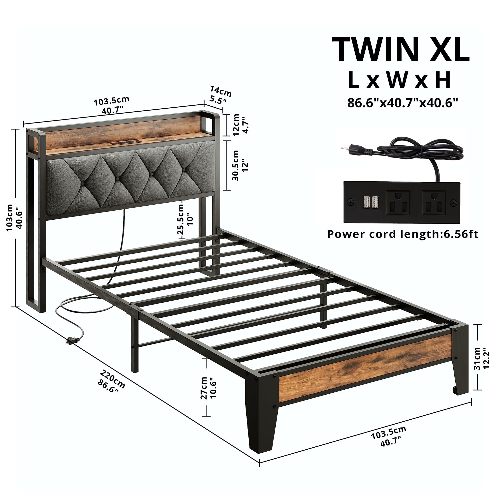 ANCTOR Twin XL Bed Frame with Storage Headboard & USB Outlets - Easy Assembly, Sturdy Metal Platform Bed, No Box Spring Needed - Ideal for Small Spaces, Dorms & Guest Rooms