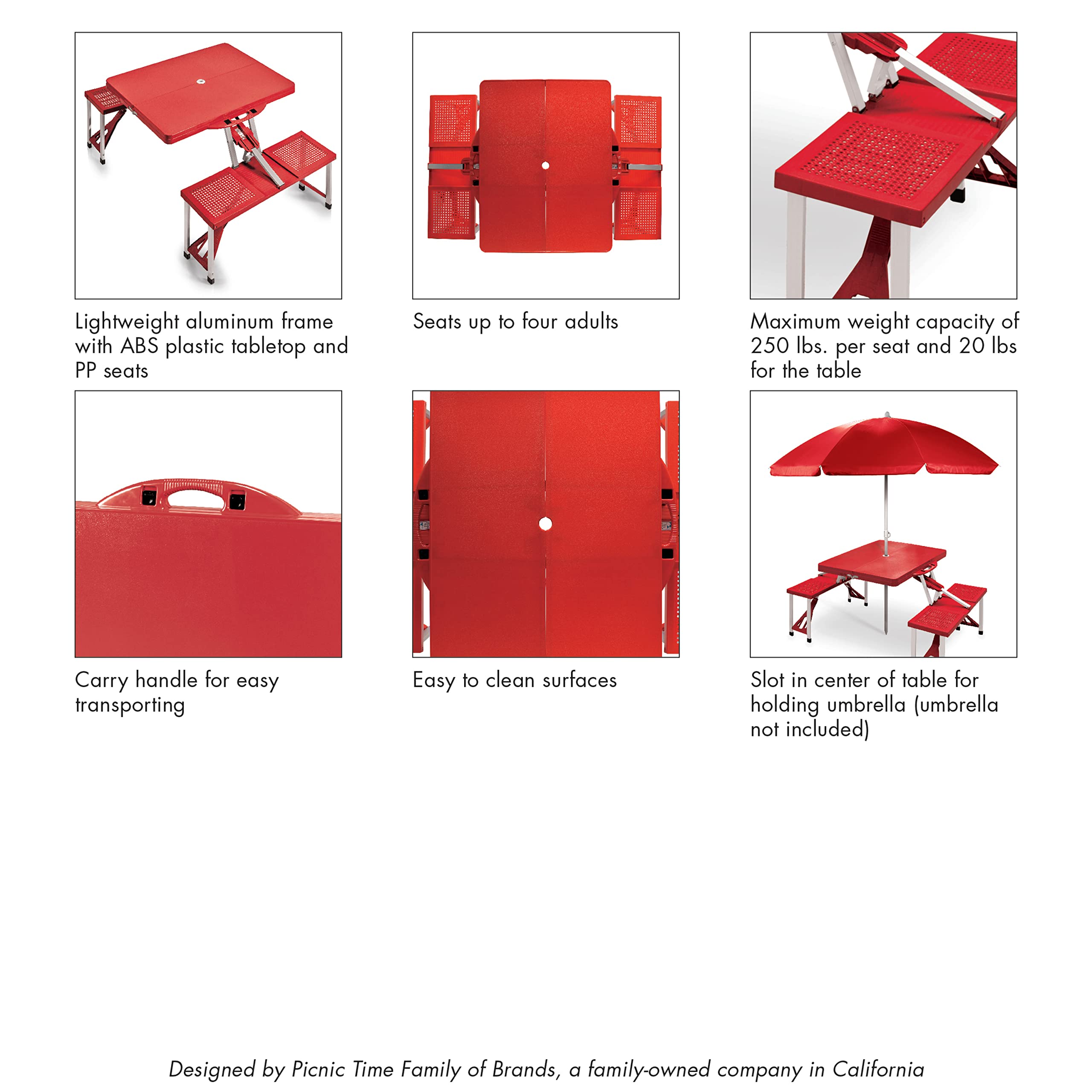 PICNIC TIME Portable Folding Picnic Table with Umbrella Hole - Lightweight Camping Table for Outdoor, Beach, Backyard & Tailgating Parties - Compact Foldable Design for Easy Storage & Transport