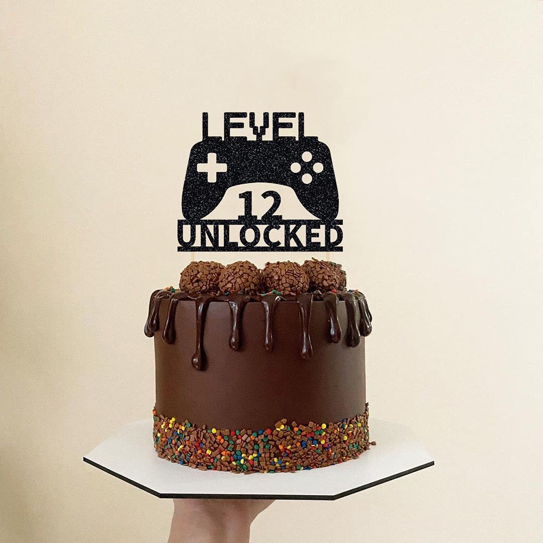 Level 12 Unlocked Cake Topper - Video Game Themed Birthday Decoration for 12th Birthday Party | Perfect for Gamer Cakes, Controller-Shaped Desserts & Gaming Celebration Decor