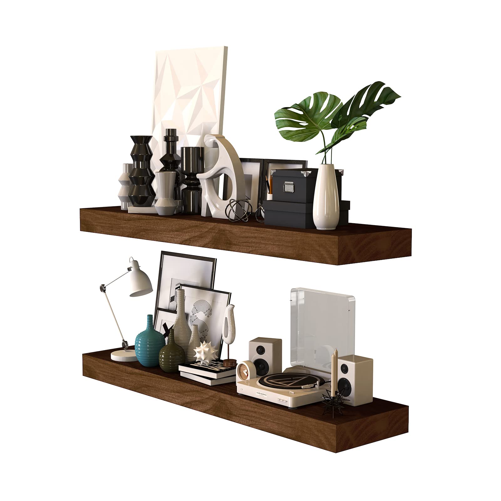Set of 2 Floating Shelves Wall Mounted - 36 Inch Rustic Wood Wall Storage Shelves for Bedroom, Living Room, Bathroom, Kitchen & Office - Dark Walnut - Perfect for Displaying Decor, Books & Organizing Spaces